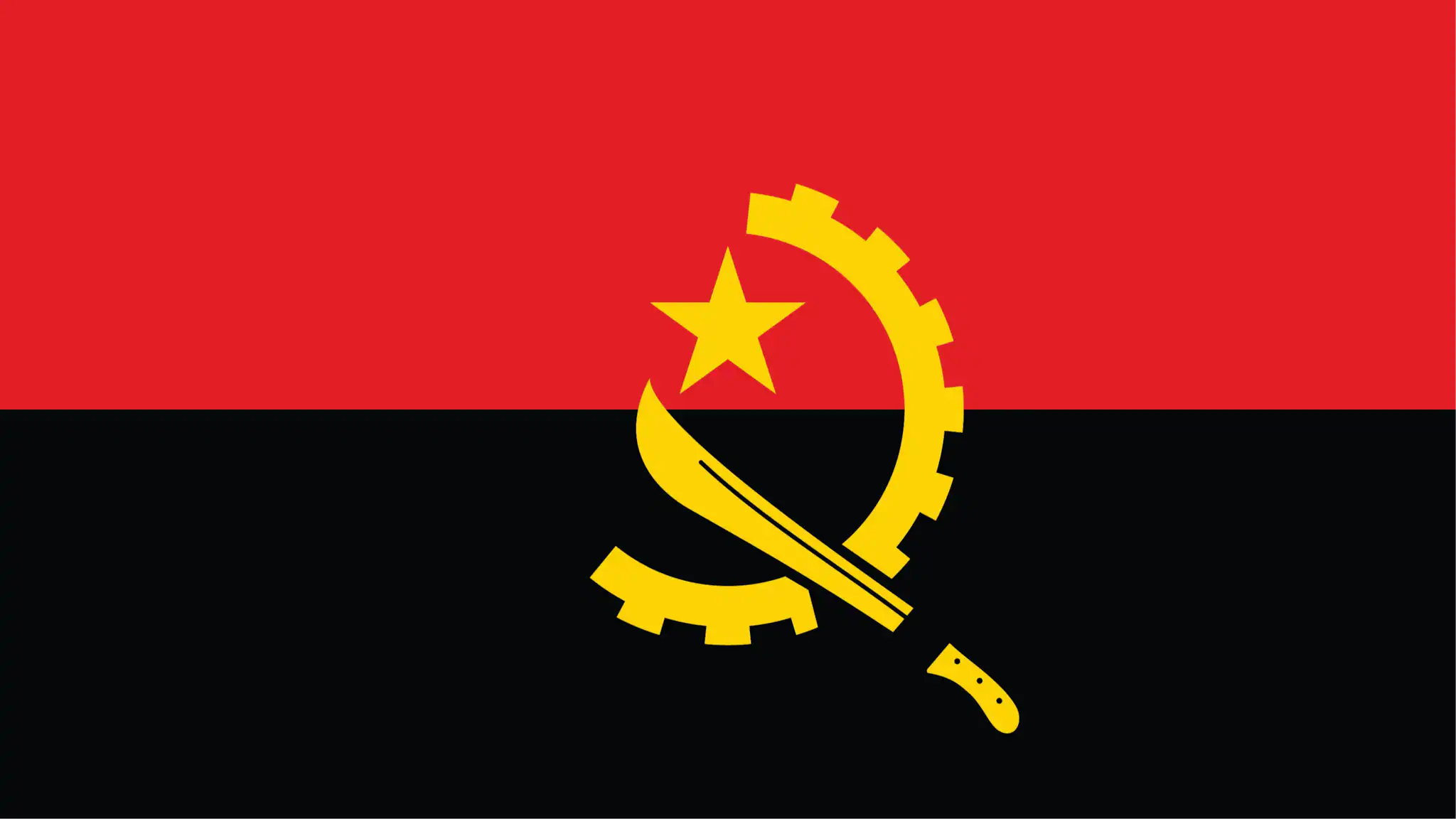 Flag_Angola Two horizontal bands of red and black. There is a yellow icon (half gearwheel and machete with a yellow star) placed in the middle of the stripes.