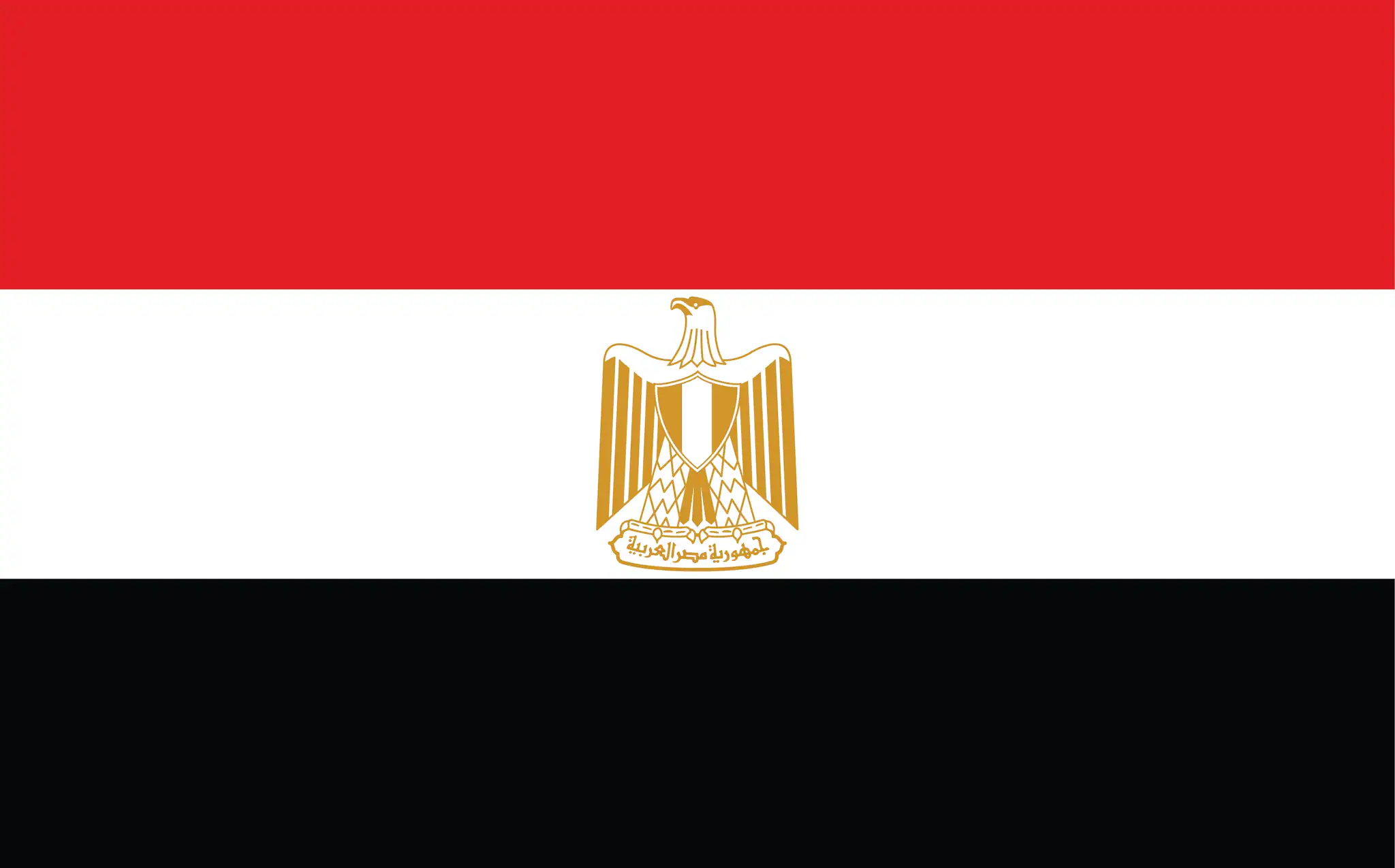 Three horizontal stripes in red, white, and black, with a golden eagle centralized in the middle white stripe.