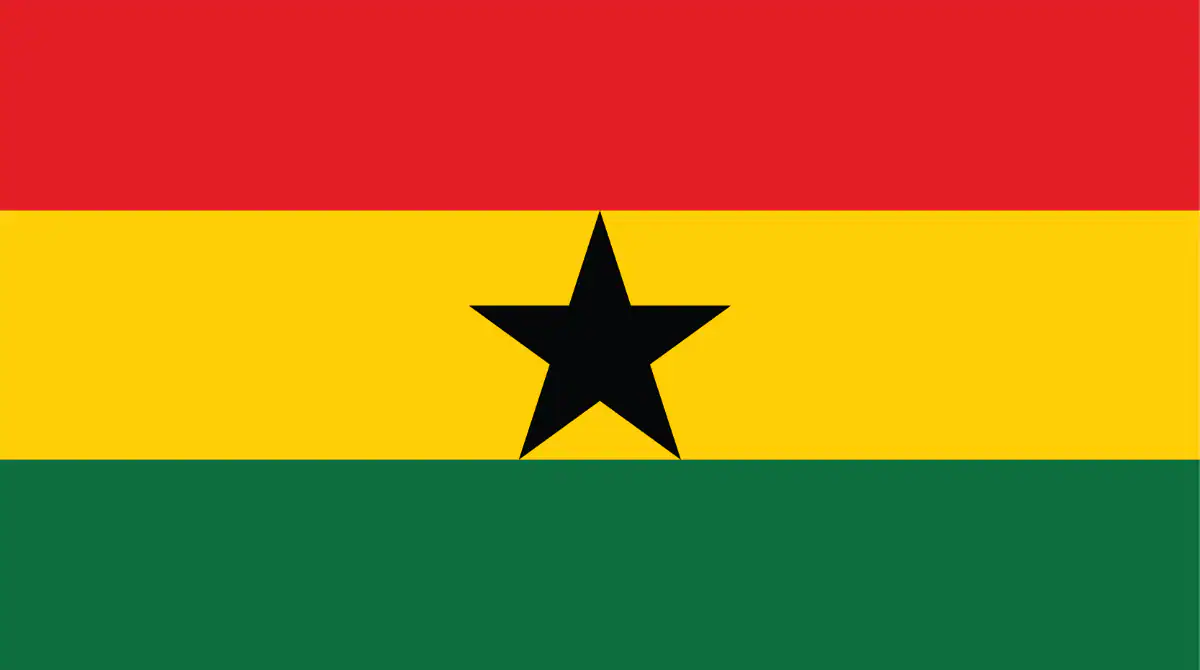 Ghana's country flag represented by 3 horizontal stripes in the colors of red, yellow, and green stripes. A single black star sits in the middle of the yellow stripe.