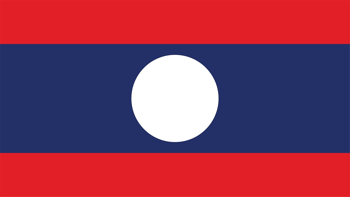 Flag_Laos Three horizontal bands of red (top), blue (middle), and red (bottom). The blue band is double the width of the red bands, and a large white circle is centered in the blue band.