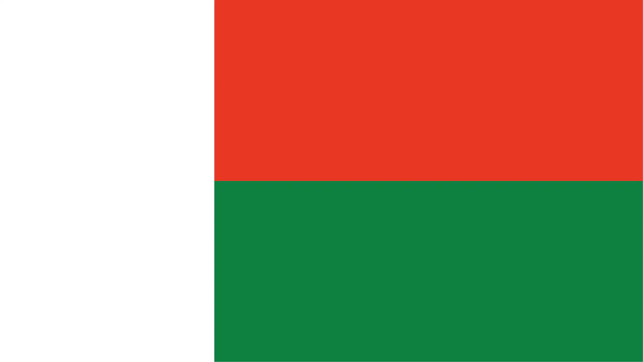 Flag_Madgascar The flag of Madagascar features a vertical white band on the left, and horizontal red and green bands on the right.