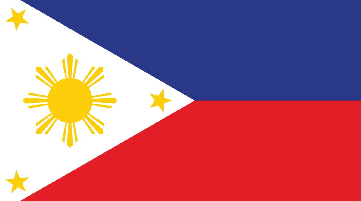 Flag_Philippines Flag of the Philippines. Two equal horizontal bands of blue (top) and red. A white equilateral triangle is based on the left (hoist) side. The center of the triangle displays a yellow sun with eight primary rays. Each corner of the triangle contains a small, yellow, five-pointed star.
