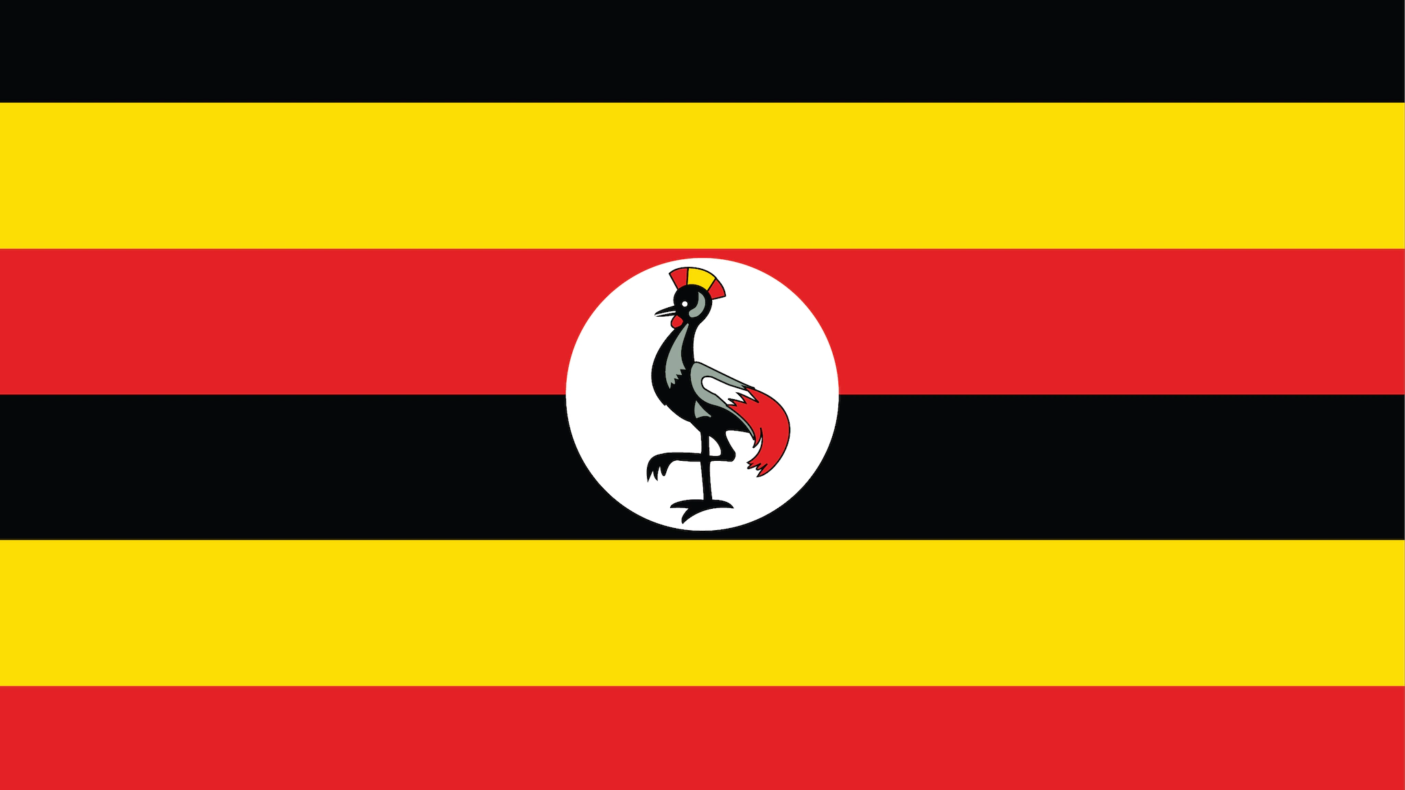 Flag_Uganda The flag of Uganda consists of six horizontal stripes of black, yellow, and red colors, alternating with each other. The top stripe is black, followed by yellow, then red, and so on. In the center of the flag, there's a white circle, inside which there is a grey crowned crane, the national bird of Uganda, standing on one leg.