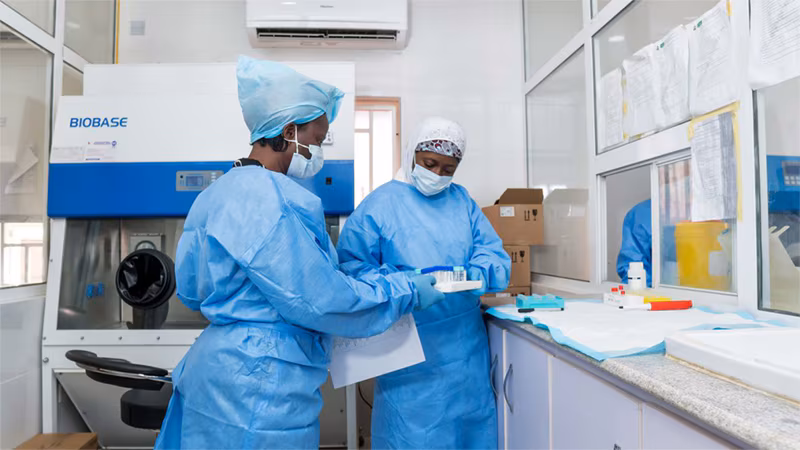 Two people testing COVID-19 samples
