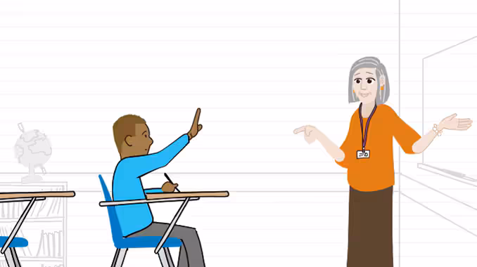 HU graphic kid in school Animated child at school raising his hand and teacher calling on him
