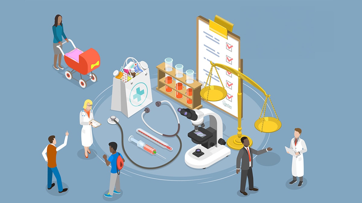 Health equity illustrated graphic An illustrated graphic showing diverse people of different socioeconomic backgrounds accessing healthcare.