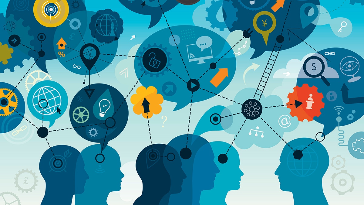 webinar concept Graphic of people with speech bubbles representing communication.
