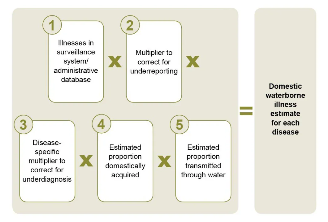 Figure 1 Illness burden estimate Five white boxes numbered 1-5 listing the variables used to calculate illness estimates for each disease