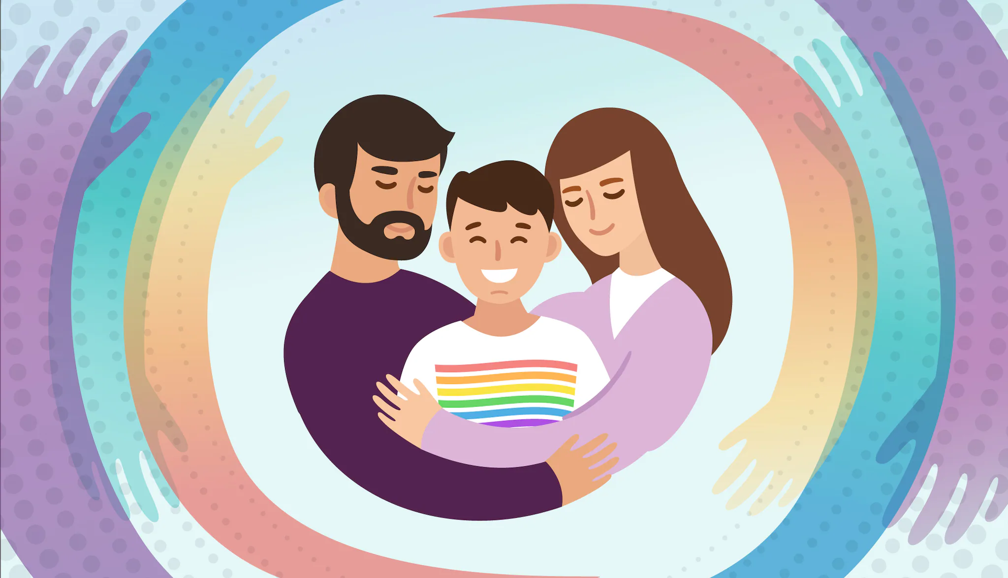 4.8_Toolkit_SocialImage3_eclearance Parents hugging a teenager who has a rainbow pride flag on his T-shirt.