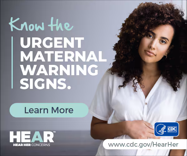 Image of woman with text overlay of know the urgent maternal warning signs.