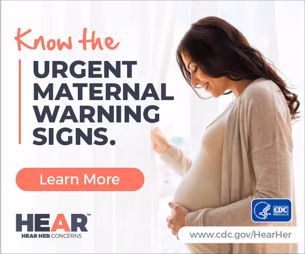 Image of woman with text overlay of know the urgent maternal warning signs.
