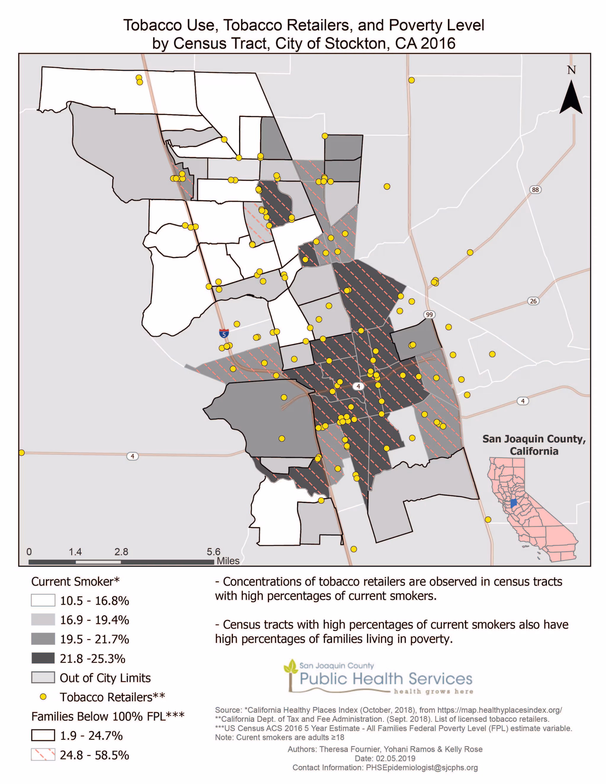 CA_Tobacco This map displays the percentage of current smokers by census tract in the City of Stockton, California. It was overlaid with 2016 5-yr estimate poverty data. Tobacco retailer locations were also indicated to show spatial correlations between census tracts with higher percentages of current smokers and retailers that sell tobacco products.