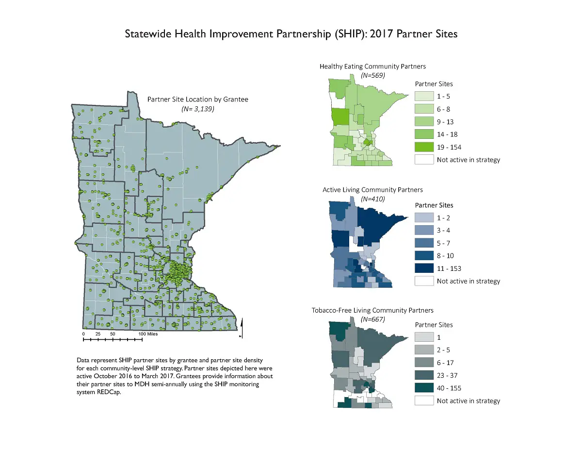 MN_SHIP_partners The map to the left depicts SHIP partners in Minnesota over SHIP regional boundaries. The series of three vertically stacked choropleth maps depicts the number of partners working on specific community-level SHIP strategies within each SHIP grantee region.