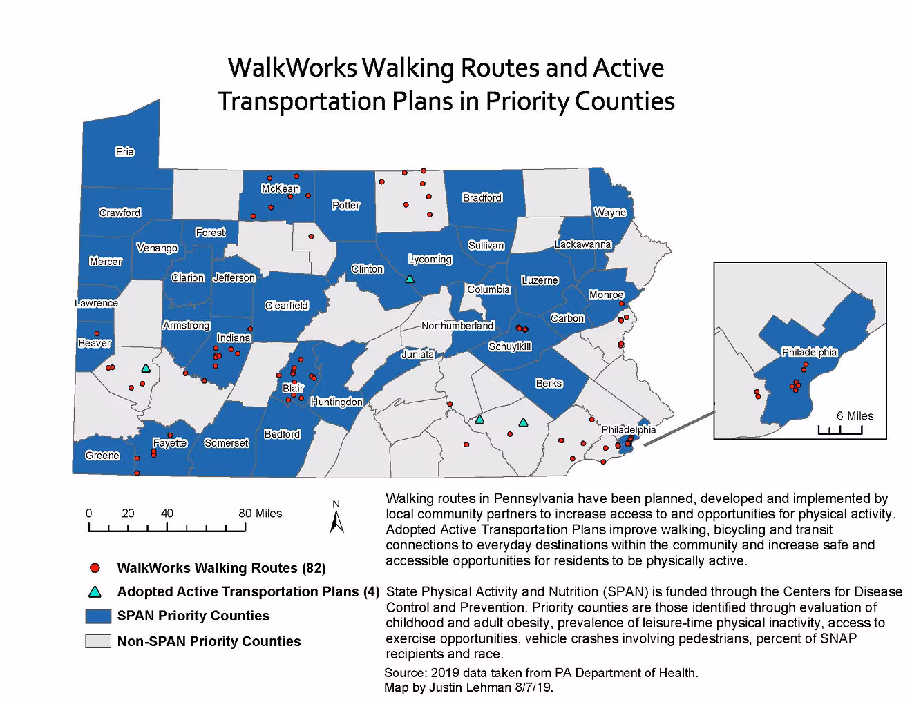 PA-walkworks This map displays all State Physical Activity and Nutrition (SPAN) priority counties, the location of WalkWorks walking routes, and adopted active transportation plans. SPAN priority counties are highlighted in blue. WalkWorks walking routes are displayed as dots. Adopted active transportation plans are displayed as triangles. Geographically, highlighted counties tend to have a higher prevalence of leisure-time, physical inactivity, and higher overweight and obesity rates.
