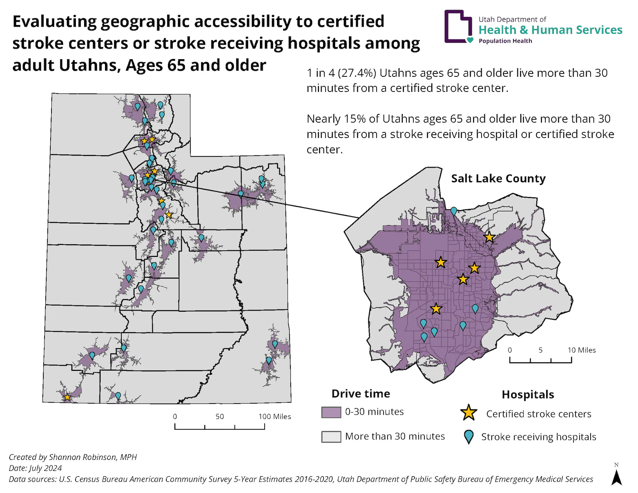 UT_Stroke_Drivetime This map displays 30-minute drive times to certified stroke centers or stroke receiving hospitals among adults ages 65 and older in Utah. Certified stroke centers are displayed using yellow stars, and stroke receiving hospitals are displayed using blue pinpoints. Drive times between zero and 30 minutes are displayed using a purple shade, and a drive time of more than 30 minutes is grayed out. A majority of certified stroke centers and stroke receiving hospitals are located in the Wasatch Front (central northern area of Utah).