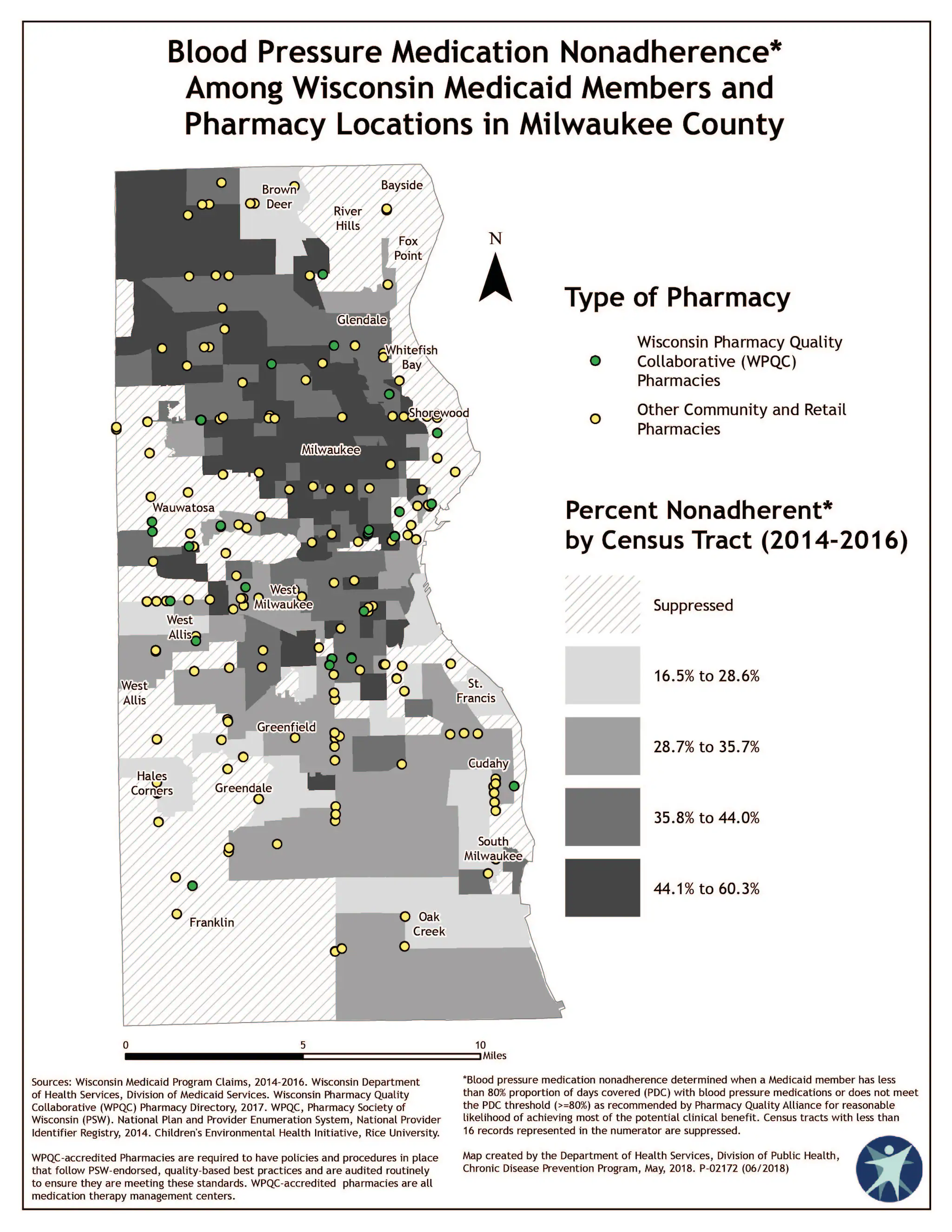wi_mwk_cty Blood Pressure Medication Nonadherence Among Medicaid Members (2014-2016) and Pharmacy Locations in Milwaukee County