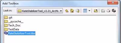 ArcMap3 The Add Toolbox window with the Rate Stabilizer Tool highlighted.