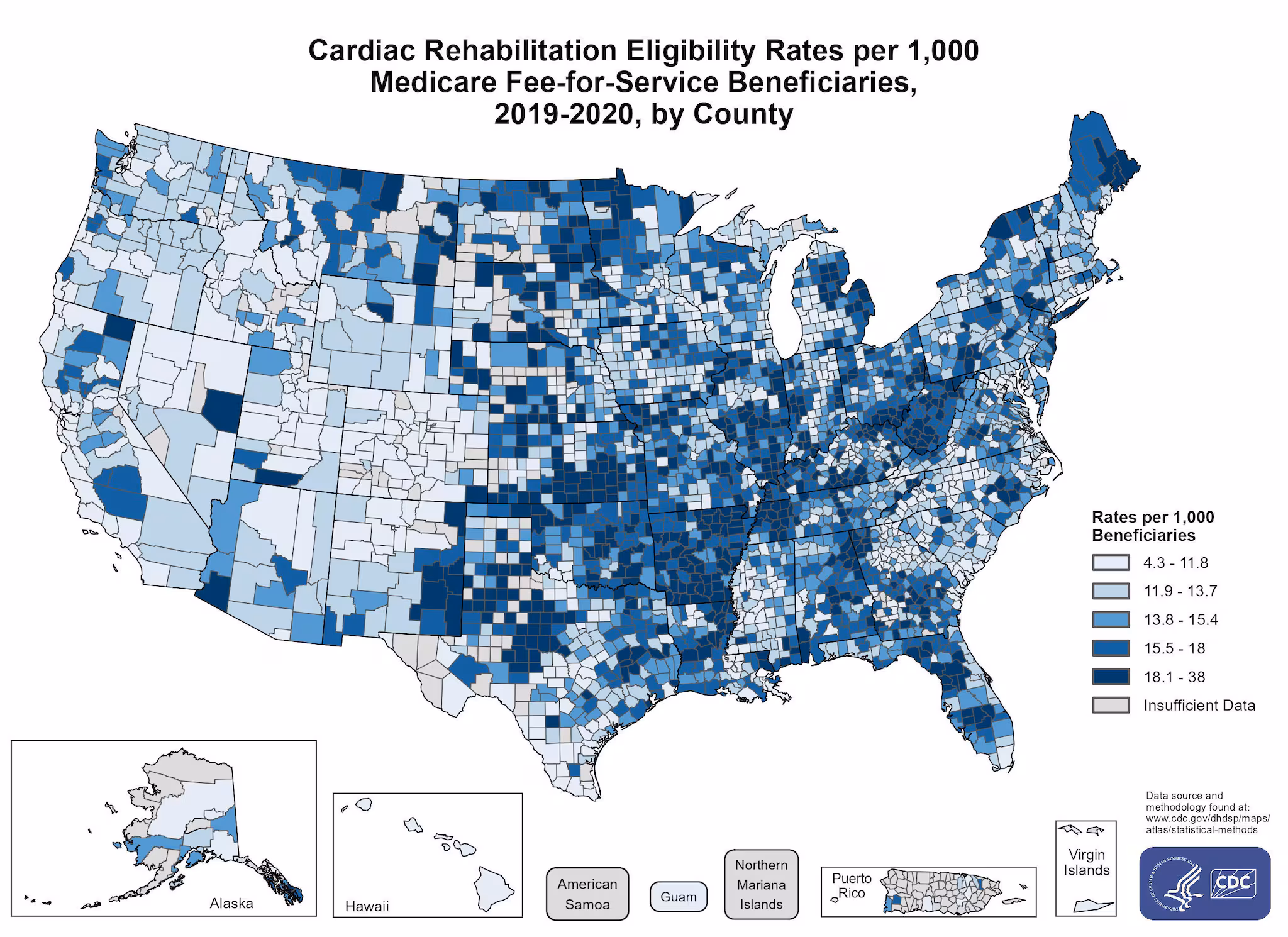car_rehab_cr_elig Cardiac Rehabilitation Eligibility Rates Among All Eligible Fee-for-Service Medicare Beneficiaries by County. The map shows that the concentrations of counties with the highest cardiac rehabilitation eligibility – meaning the top quintile – are located primarily in Maine, West Virginia, Kentucky, Indiana Ohio, Michigan, Tennessee, Georgia, Florida, Alabama, Arkansas, Texas, Oklahoma, Kansas, Missouri, South Dakota, Minnesota, Montana, and New Mexico. Pockets of high-rate counties also were found in Vermont, New York, Pennsylvania, New Jersey, Mississippi, Iowa, Wisconsin, North Dakota, Wyoming, Utah, Arizona, and Nevada.