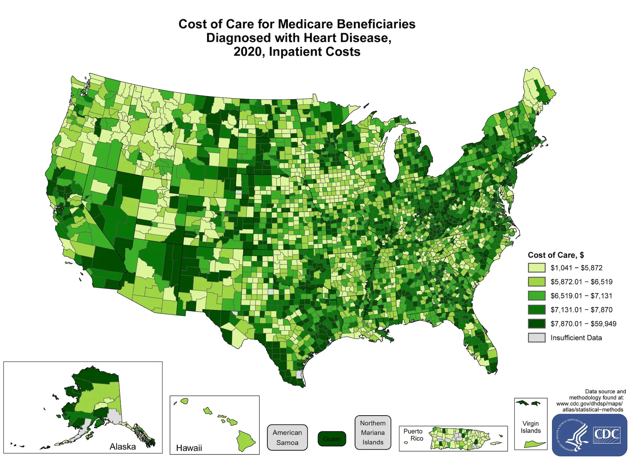 costs-inpatient The average costs incurred by Inpatient Medicare Beneficiary diagnosed with heart disease in 2021 by County. The map shows that the concentrations of counties with the highest average cost of care – meaning the top quintile – are located primarily in Connecticut, New York, West Virginia, Ohio, Virginia, Kentucky, Georgia, Illinois, Michigan, Missouri, Minnesota, North Dakota, South Dakota, Texas, Florida, New Mexico, Colorado, California, Nevada, and Alaska. Pockets of high-rate counties also were found in Maine, Massachusetts Pennsylvania, North Carolina, South Carolina, Alabama, Louisiana, Oklahoma, Kansas, Nebraska, Iowa, Nevada, Utah, Idaho, Puerto Rico, Virgin Islands.