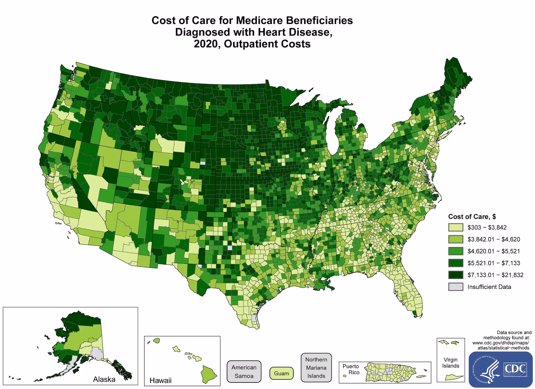 costs-outpatient The average costs incurred by Outpatient Medicare Beneficiary diagnosed with heart disease in 2021 by County. The map shows that the concentrations of counties with the highest average cost of care – meaning the top quintile – are located primarily in Maine, New Hampshire, Vermont, Michigan, Wisconsin, Minnesota, Illinois, Missouri, Iowa, Kansas, Nebraska, South Dakota, North Dakota, Montana, Wyoming, Colorado, Utah, Idaho, Washington, Oregon, California, Texas and Alaska. Pockets of high-rate counties also were found in New York, Pennsylvania, West Virginia, Ohio, Indiana, and Oklahoma.