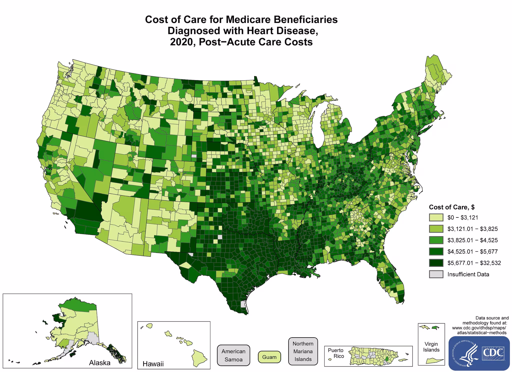 costs-post-acute-care The average costs incurred by Post-Acute Care Medicare Beneficiary diagnosed with heart disease in 2021 by County. The map shows that the concentrations of counties with the highest average cost of care – meaning the top quintile – are located primarily in Kentucky, Kansas, Oklahoma, Texas, Louisiana, and Mississippi. Pockets of high-rate counties also were found in Ohio, Indiana, Illinois, Tennessee, Georgia, Alabama, Arkansas, Missouri, Nebraska, South Dakota, North Dakota, Montana, California, Utah, Nevada, Washington, and Alaska.