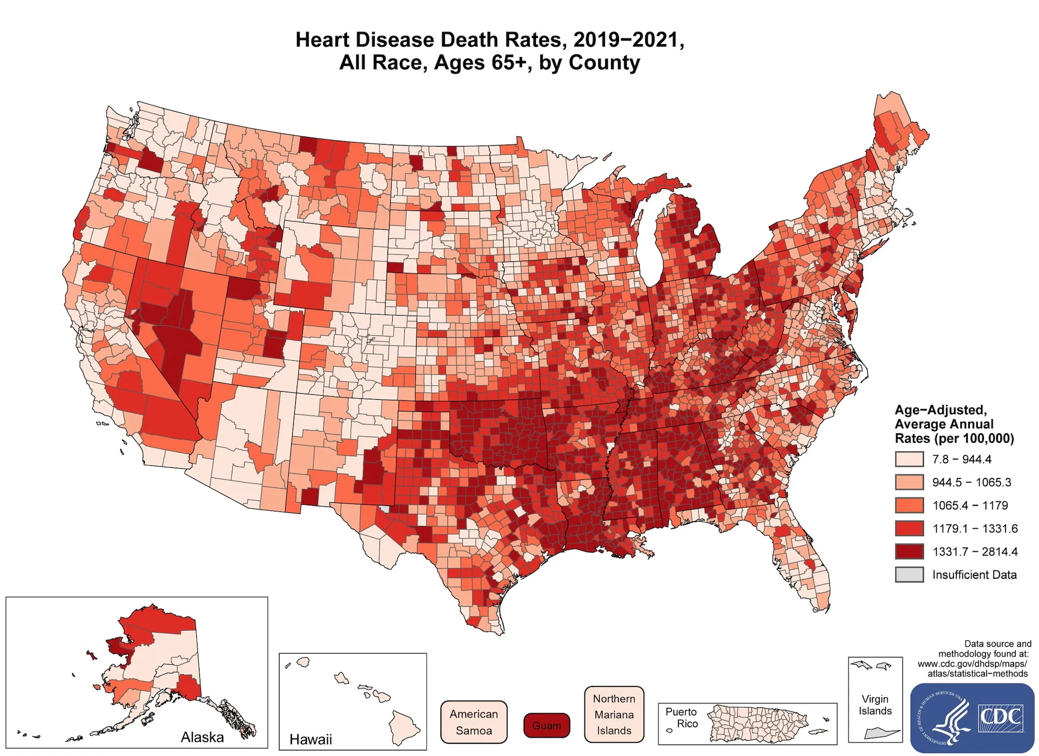 hd65_all The map shows that concentrations of counties with the highest heart disease death rates - meaning the top quintile - are located primarily in Mississippi, Oklahoma, Arkansas, Louisiana, Alabama, Tennessee, Georgia, Texas, Tennessee, Kentucky, Ohio, Michigan, Guam. Pockets of high-rate counties also were found in West Virginia, Virginian South Carolina, North Carolina, Missouri, Iowa, Minnesota, Montana, Washington, New Mexico, Utah, Idaho, Pennsylvania, Alaska and Nevada.