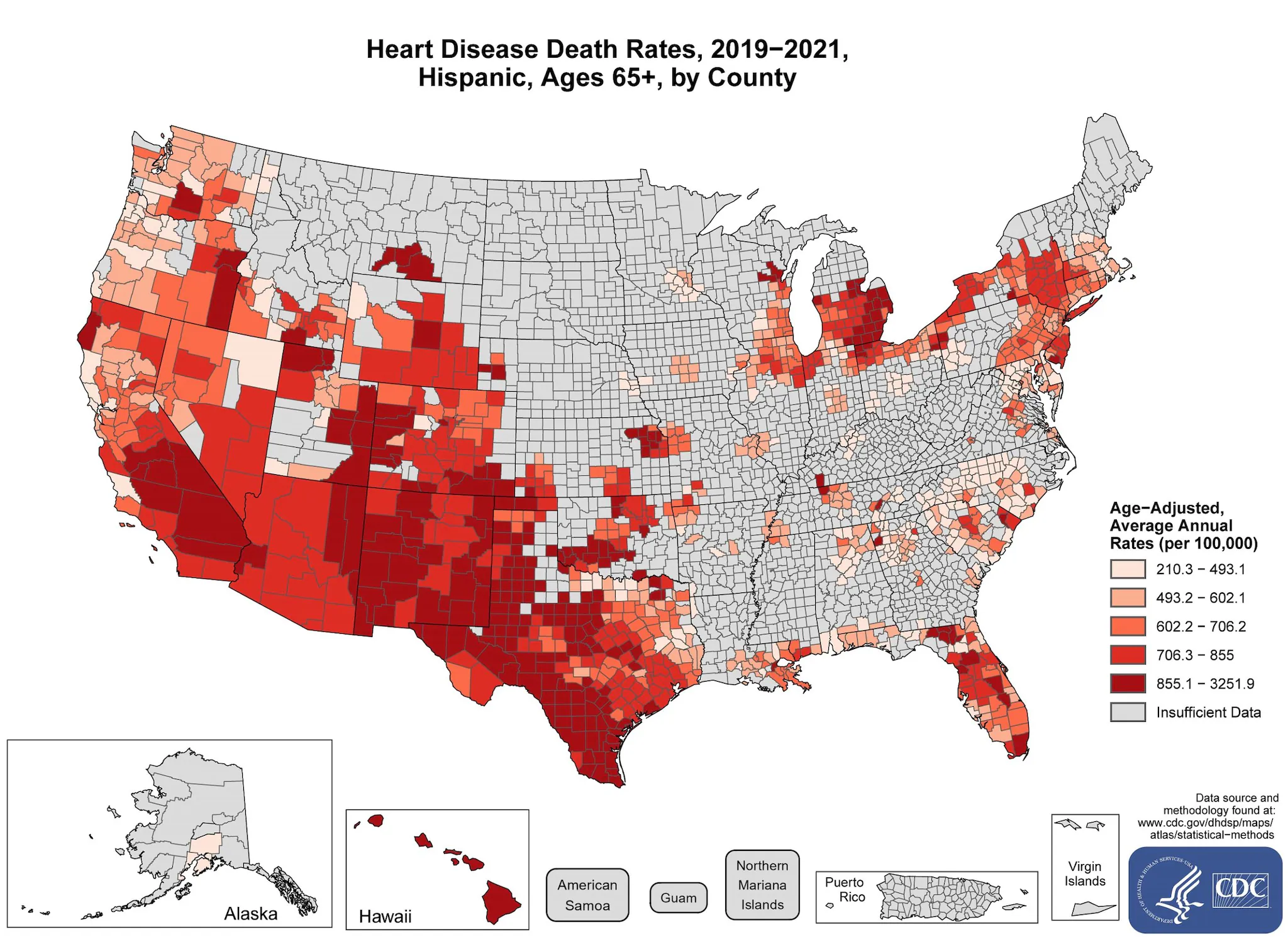 hd65_hispanic . The map shows that concentrations of counties with the highest heart disease death rates - meaning the top quintile - are located primarily in Hawaii, New Mexico, California, Utah, Colorado, Michigan and Texas. Pockets of high-rate counties also were found in parts of Michigan, Florida, Kansas, Oklahoma, Wyoming and Pennsylvania, Arizona, Oregon, Washington, Montana, Kansas, Nebraska, and Florida.