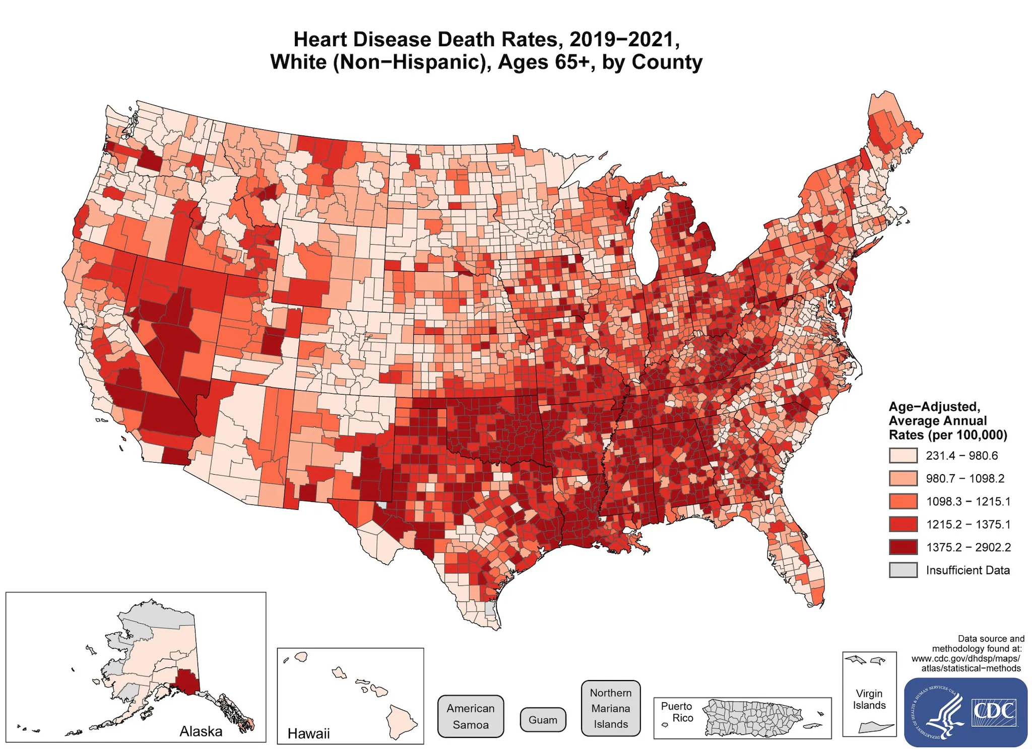 hd65_white The map shows that concentrations of counties with the highest heart disease death rates - meaning the top quintile - are located primarily in Mississippi, Oklahoma, Arkansas, Louisiana, Alabama, Georgia, Michigan, Tennessee, Kentucky, Nevada, Texas, and California. Pockets of high-rate counties also were found in West Virginia, New Jersey, Iowa, Indiana, West Virginia, South Carolina, Missouri, Utah, New Mexico, Alaska, and Ohio.