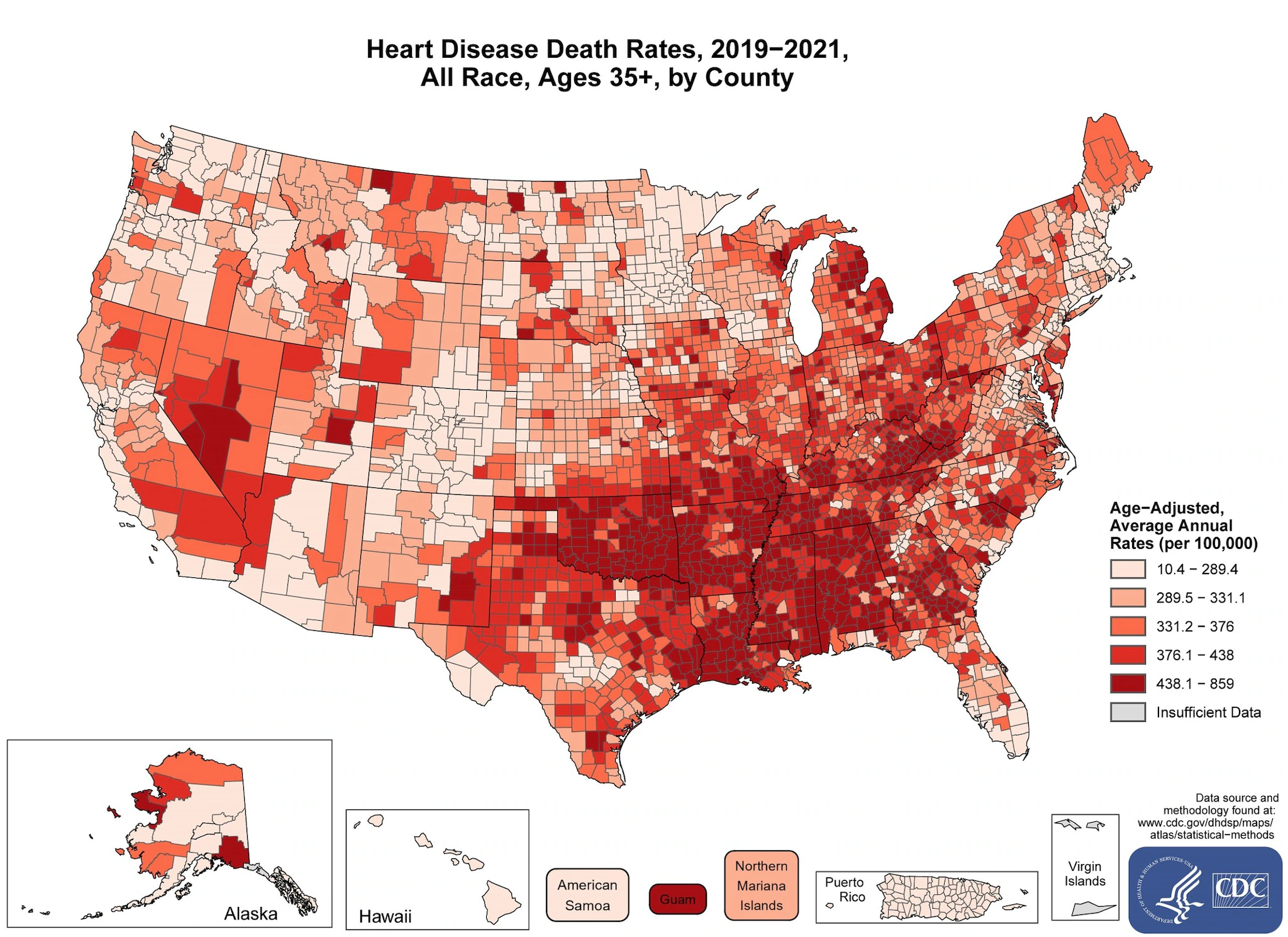 hd_all The map shows that concentrations of counties with the highest heart disease death rates - meaning the top quintile - are located primarily in Alabama, Mississippi, Louisiana, Arkansas, Oklahoma, Georgia, Kentucky, Tennessee and Guam. Pockets of high-rate counties also were found in Michigan, Ohio, West Virginia, Virginia, North Carolina, South Carolina, Missouri, Texas, and Nevada.