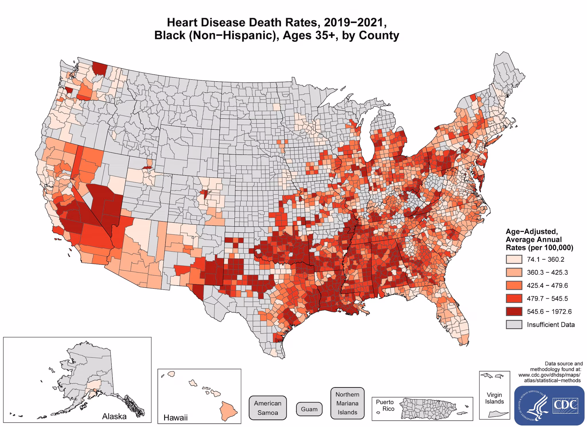 hd_black The map shows that concentrations of counties with the highest heart disease death rates for Blacks - meaning the top quintile - are located primarily in Alabama, Georgia, Louisiana, Arkansas, Mississippi, Tennessee, Oklahoma, Texas, Nevada, and California. Pockets of high-rate counties also were found in parts of South Carolina, Virginia, Kentucky, Illinois, Ohio, Maryland, Pennsylvania, and Michigan.
