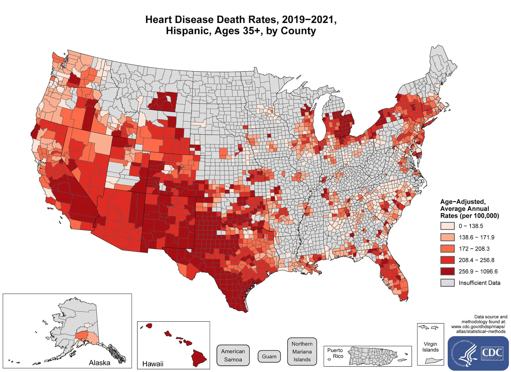hd_hispanic The map shows that concentrations of counties with the highest heart disease death rates - meaning the top quintile - are located primarily in Hawaii, Texas, New Mexico, California, Utah, Montana, Colorado, Michigan, and New York. Pockets of high-rate counties also were found in parts of Oregon, Washington, Wyoming, Kansas, Ohio, Michigan, Missouri, and Florida.