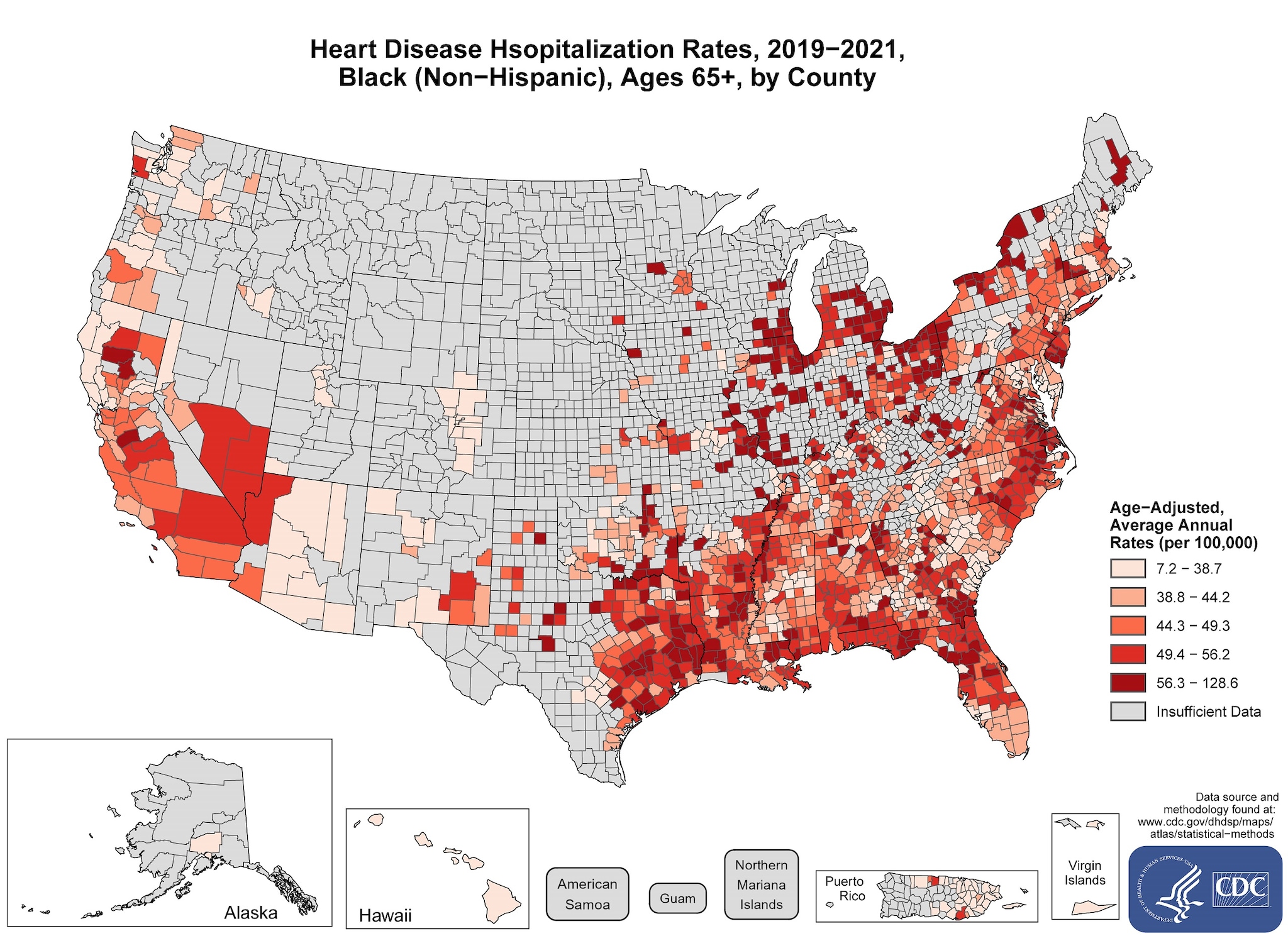 hd_hospitalization_blacks The map shows that concentrations of counties with the highest heart disease hospitalization rates, Black (non-Hispanic) adults ages 65 and older - meaning the top quintile - with heavy concentrations of high-rate counties in California, Nevada, Texas, Louisiana, Arkansas, Mississippi, Alabama, Georgia, Floria, Illinois, Michigan, North Carolina, South Carolina, Virigina, Ohio, Pennsylvania, Delaware, New Jersey, New York, Washington D.C., Rhode Island, Massachusetts.