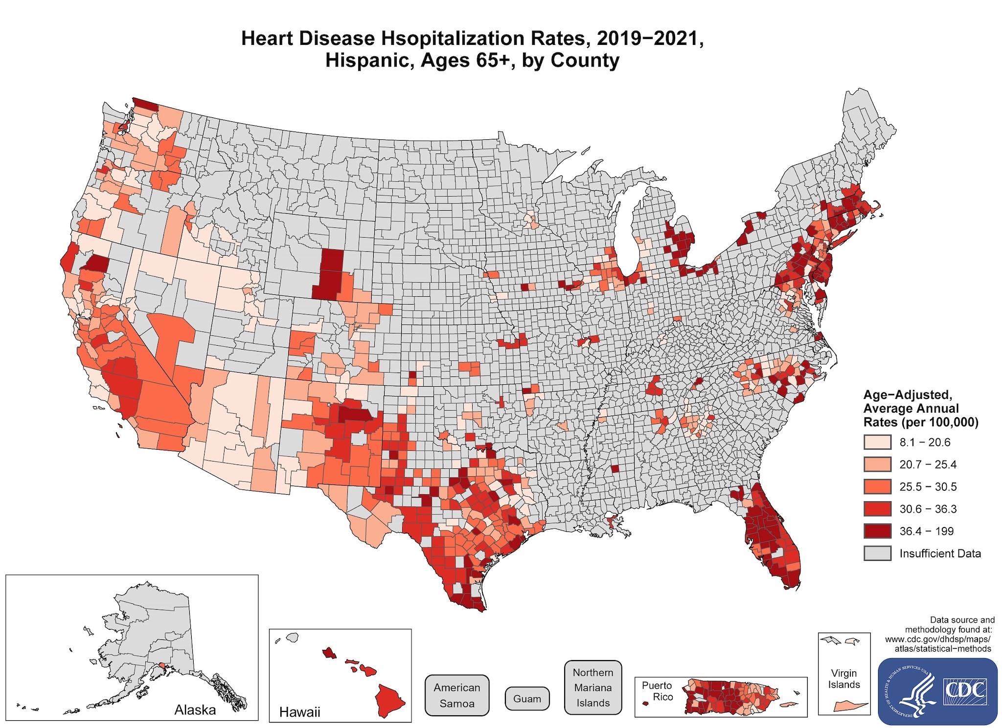 hd_hospitalization_hispanics The map shows that concentrations of counties with the highest heart disease hospitalization rates, Hispanic adults ages 65 and older - meaning the top quintile - with heavy concentrations of high-rate counties in New Mexico, Texas, Florida, Michigan, Pennsylvania, New York, Delaware, Rhode Island, Massachusetts.