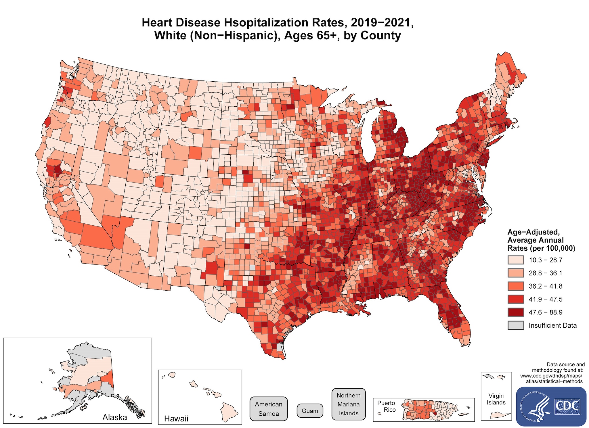 hd_hospitalization_whites The map shows that concentrations of counties with the highest heart disease hospitalization rates, White (non-Hispanic) adults ages 65 and older - meaning the top quintile - with heavy concentrations of high-rate counties in Texas, Missouri, Oklahoma, Arkansas, Louisiana, Alabama, Mississippi, Georgia, Floria, North Carolina, South Carolina, Illinois, Michigan, Indiana, Ohio, Kentucky, Tennesse, Virigina, West Virigina, Washington, D.C., Delaware, New Jersey, Connecticut, Pennsylvania, New York, Vermont, Massachusetts, Rhode Island.