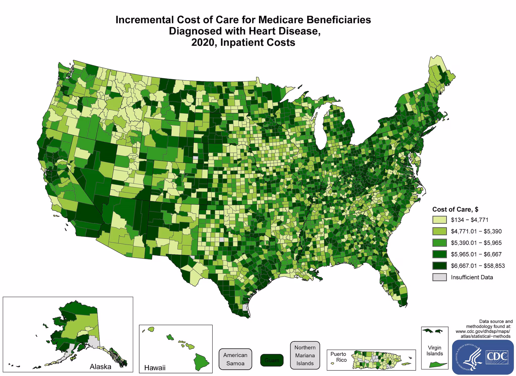 incremental-costs-inpatient The average costs incurred by Inpatient Medicare Beneficiaries with heart disease above and beyond the costs incurred among beneficiaries without heart disease in 2021 by County. The map shows that the concentrations of counties with the highest average Incremental cost of care – meaning the top quintile – are located primarily in Connecticut, New York, West Virginia, Ohio, Virginia, Kentucky, Georgia, Illinois, Missouri, Minnesota, North Dakota, South Dakota, Texas, New Mexico, Colorado, California, and Alaska. Pockets of high-rate counties also were found in Maine, Massachusetts Pennsylvania, North Carolina, South Carolina, Alabama, Florida, Louisiana, Oklahoma, Kansas, Nebraska, Iowa, Puerto Rico, Virgin Islands.
