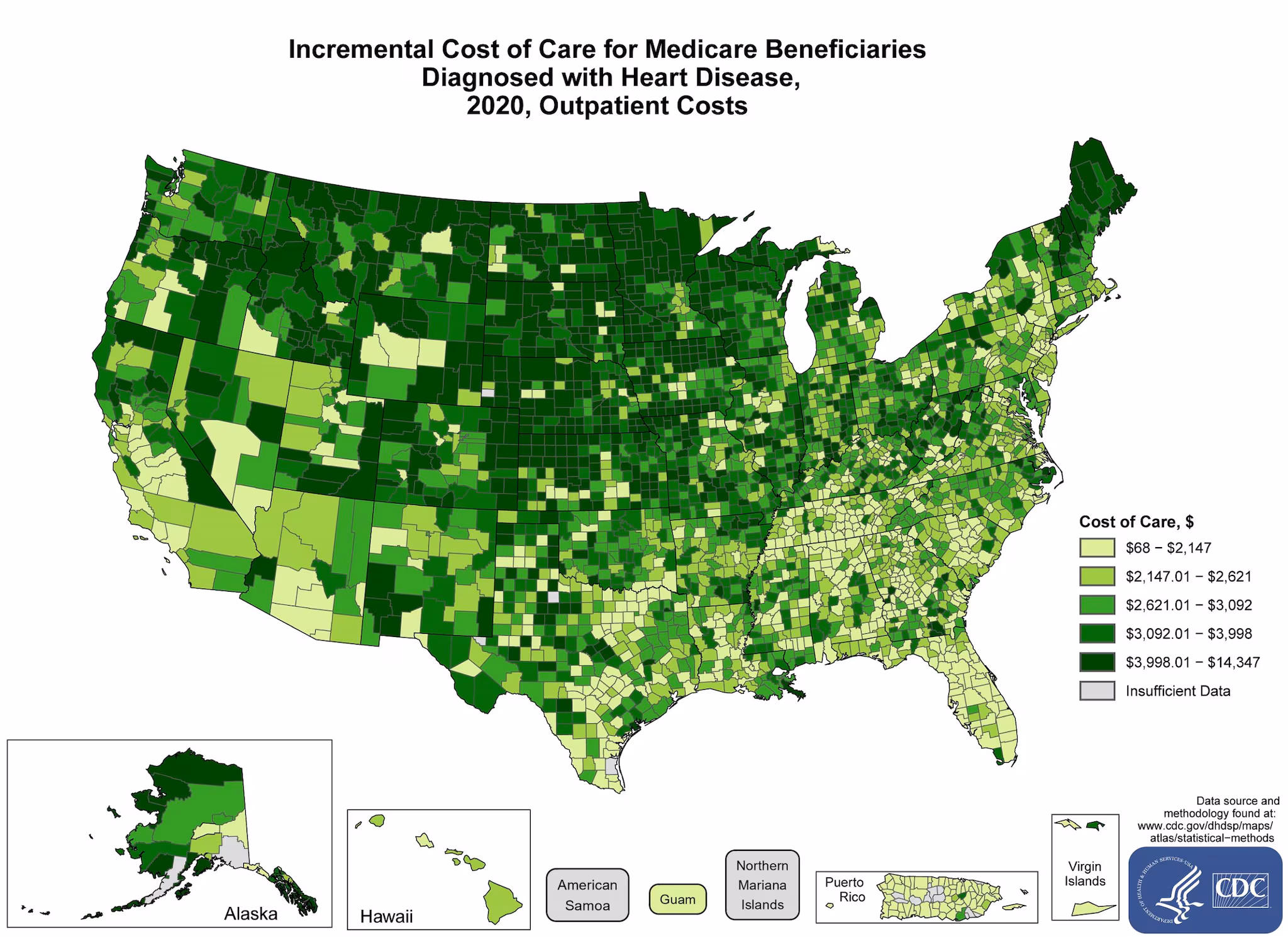 incremental-costs-outpatient The average costs incurred by Outpatient Medicare Beneficiaries with heart disease above and beyond the costs incurred among beneficiaries without heart disease in 2021 by County. The map shows that the concentrations of counties with the highest average Incremental cost of care – meaning the top quintile – are located primarily in Maine, New Hampshire, Vermont, West Virginia, Illinois, Missouri, Iowa, Wisconsin, Minnesota, North Dakota, South Dakota, Nebraska, Kansas, Colorado, Wyoming, Montana, Idaho, Washington, Oregon, Nevada, California, Utah, New Mexico, Texas, and Alaska. Pockets of high-rate counties also were found in New York, Pennsylvania, Ohio, Indiana, Michigan, Georgia, and Arkansas.