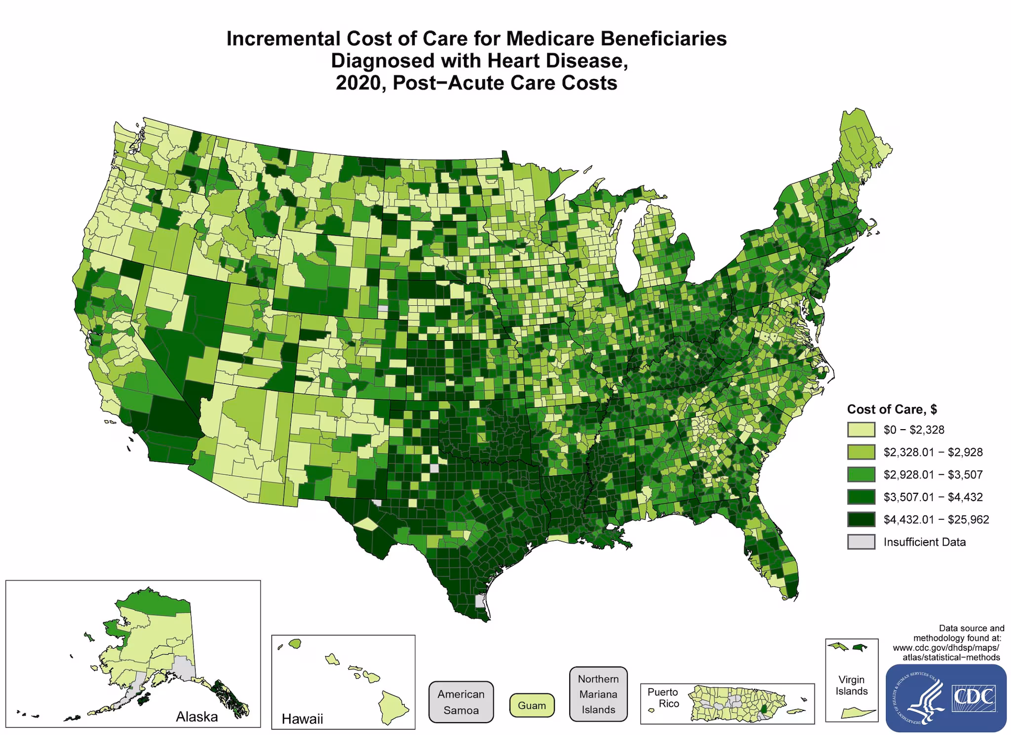 incremental-costs-post-acute-care The average costs incurred by Post-Acute Care Medicare Beneficiaries with heart disease above and beyond the costs incurred among beneficiaries without heart disease in 2021 by County. The map shows that the concentrations of counties with the highest average Incremental cost of care – meaning the top quintile – are located primarily in Kentucky, North Dakota, South Dakota, Nebraska, Kansas, Oklahoma, Mississippi, Louisiana, and Texas. Pockets of high-rate counties also were found in Ohio, Indiana, West Virginia, Illinois, Minnesota, Iowa, Missouri, Arkansas, Alabama, Georgia, Florida, Colorado, Utah, New Mexico, Nevada, California, Montana, Washington, and Alaska.