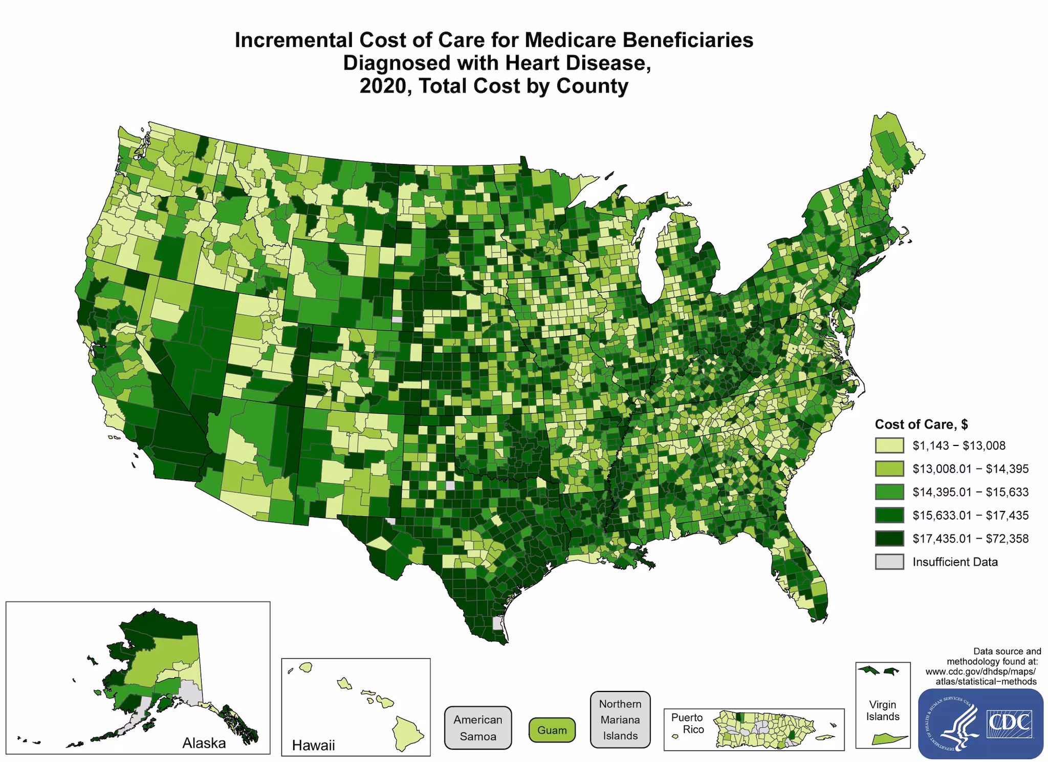 incremental-costs-total The average costs incurred by all Medicare Beneficiaries with heart disease above and beyond the costs incurred among beneficiaries without heart disease in 2021 by County. The map shows that the concentrations of counties with the highest average Incremental cost of care – meaning the top quintile – are located primarily in Ohio, Kentucky, Illinois, Georgia, Mississippi, Louisiana, Oklahoma, South Dakota, Nebraska, Kansas, Texas, California, and Alaska. Pockets of high-rate counties also were found in New York, West Virginia, Virginia, South Carolina, North Carolina, Tennessee, Michigan, Wisconsin, Minnesota, North Dakota, Iowa, Missouri, Arkansas, Florida, Alabama, Colorado, Wyoming, Montana, Nevada, Utah, Idaho, New Mexico, Arizona and the Virgin Islands.