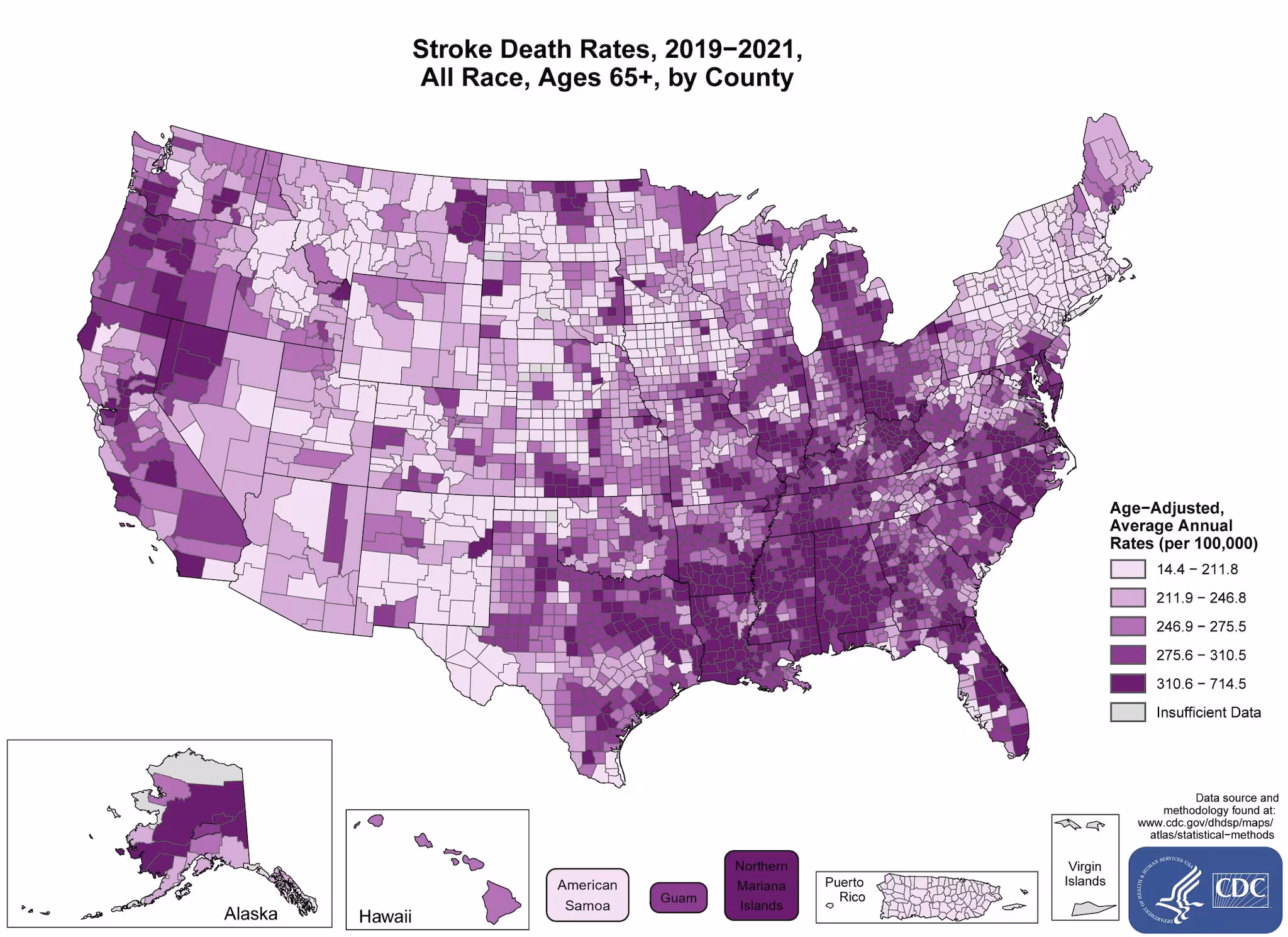 stroke65_all The map shows that concentrations of counties with the highest stroke death rates - meaning the top quintile - are located primarily in the Southeast, with heavy concentrations of high-rate counties in Arkansas, Alabama, Louisiana, Mississippi, Tennessee, Texas, Kentucky, Michigan, Ohio, Illinois, Indiana, North Carolina, South Carolina, Alaska, Guam, and the Northern Mariana Islands. Pockets of high-rate counties are also found in Delaware, Maryland, Nevada, Oregon, Kansas, California, North Dakota, Montana, Missouri, and Illinois.