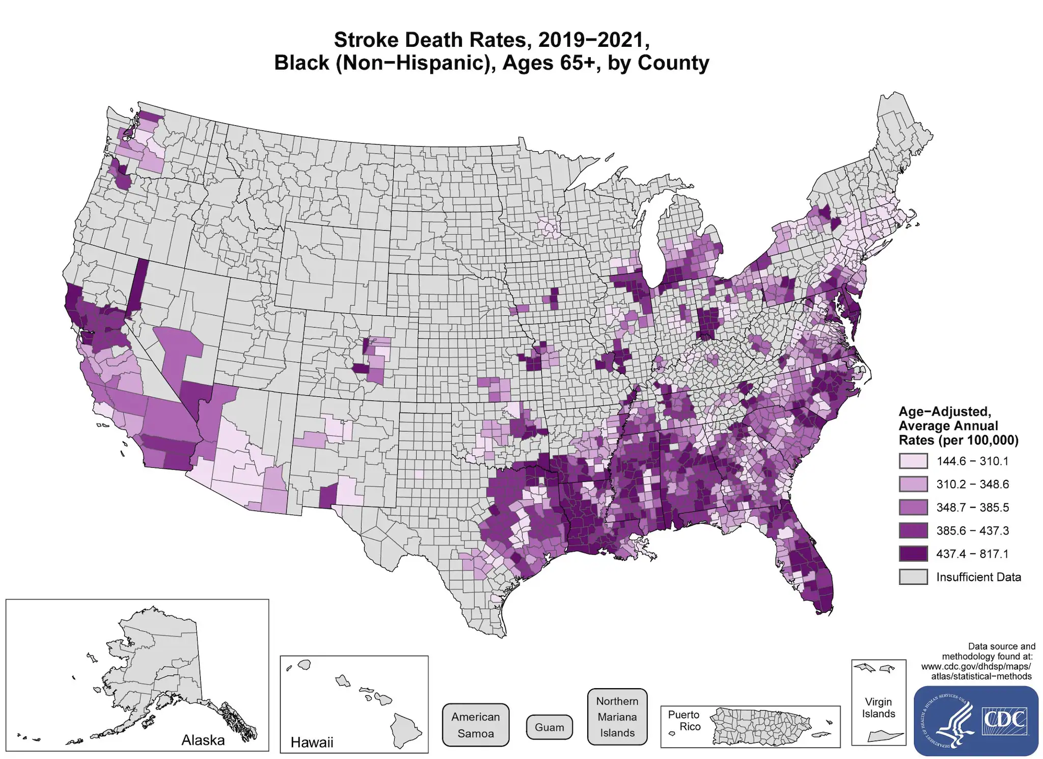 stroke65_blacks The map shows that concentrations of counties with the highest stroke death rates - meaning the top quintile - are located primarily in parts of eastern Louisiana, Arkansas, Mississippi, Alabama, Florida, Georgia, and Delaware. Pockets of high-rate counties are also found in Texas, North Carolina, South Carolina, Illinois, Ohio, Oklahoma, Colorado, Nevada, and California.