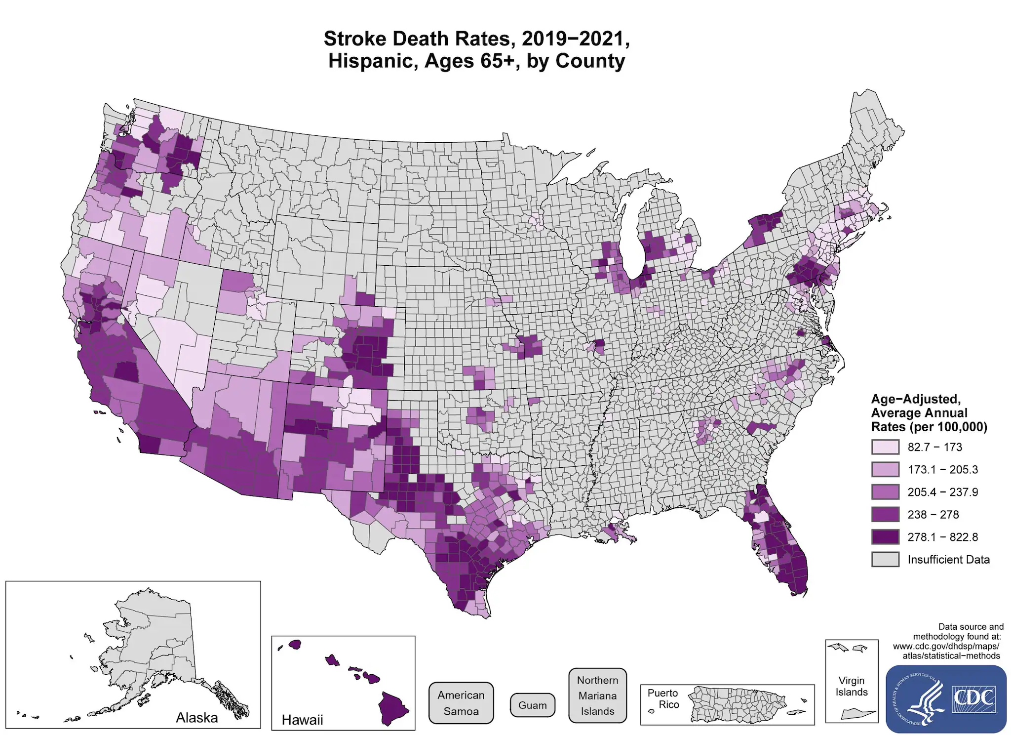 stroke65_hispanics The map shows that concentrations of counties with the highest stroke death rates - meaning the top quintile - are located primarily in Hawaii, Washington, Texas, Colorado, Florida and Pennsylvania. Pockets of high-rate counties are also found in New York, Minnesota, California, New Mexico, Oregon, and Michigan.