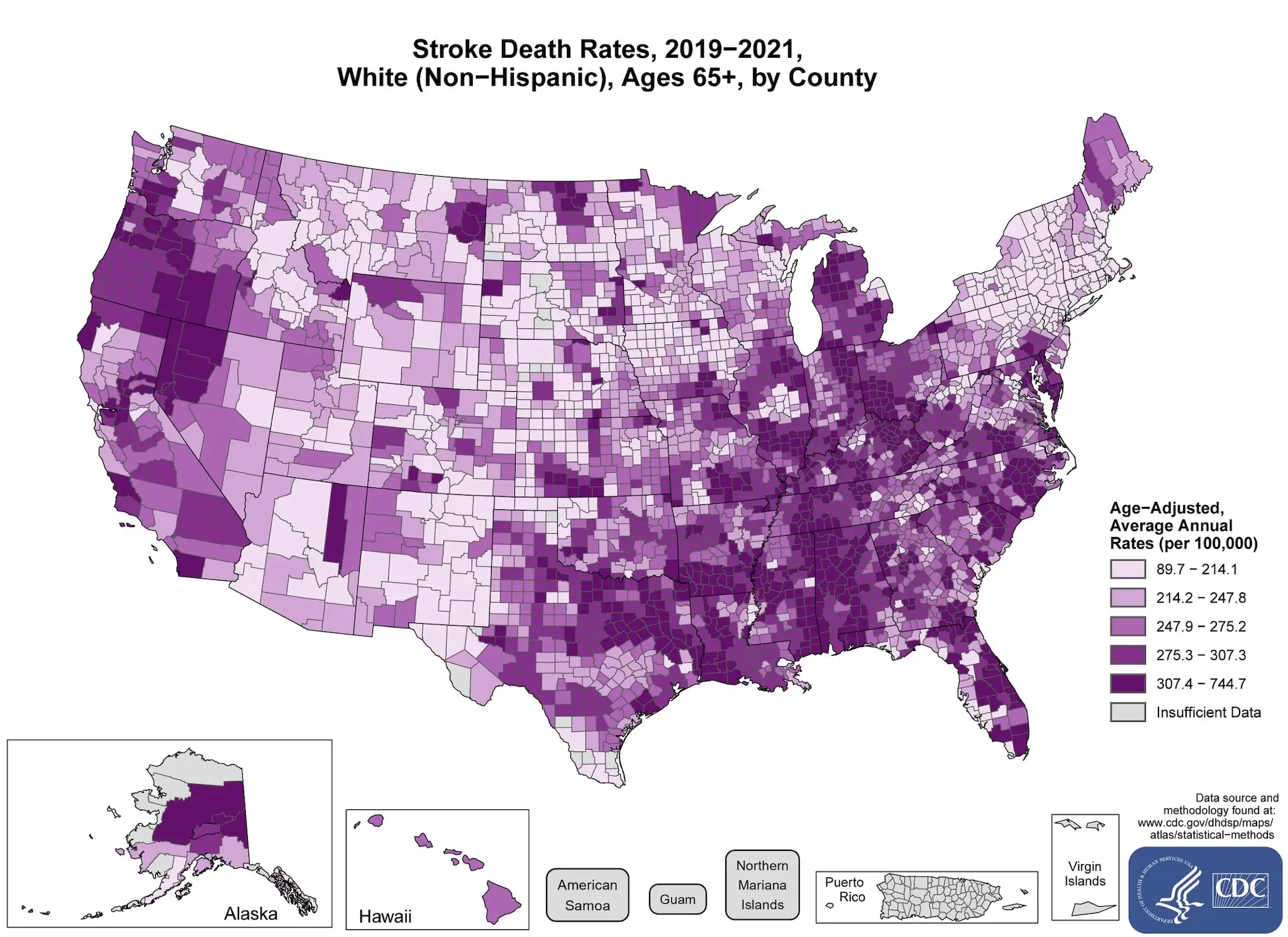 stroke65_whites The map shows that concentrations of counties with the highest stroke death rates - meaning the top quintile - are located primarily in the Southeast, with heavy concentrations of high-rate counties in Alabama, Mississippi, Louisiana, Nevada, Texas, Arkansas, Tennessee, Kentucky, Ohio, Indiana, Michigan, Illinois, Missouri, North Carolina, South Carolina, Florida, Maryland, and Delaware. Pockets of high-rate counties are also found in West Virginia, Pennsylvania, Virginia, West Virginia, Oklahoma, Kansas, North Dakota, South Dakota, Montana, Oregon, Alaska, Arizona, and California.