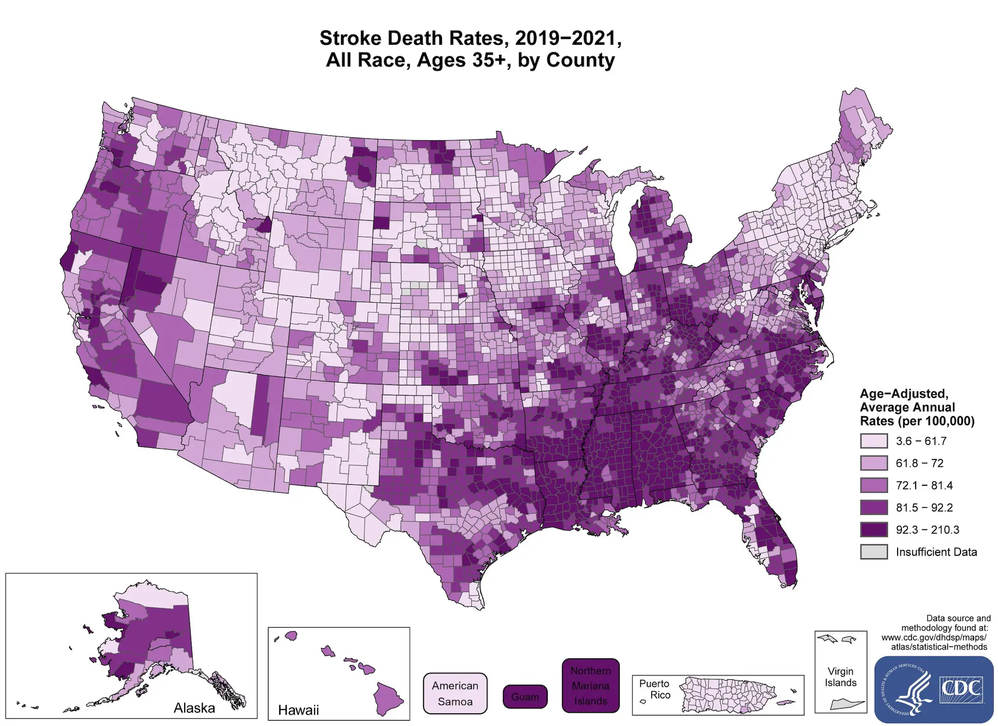stroke_all The map shows that concentrations of counties with the highest stroke death rates - meaning the top quintile - are located primarily in the Southeast, with heavy concentrations of high-rate counties in Alabama, Mississippi, Louisiana, Georgia, Kentucky, Tennessee, Florida, South Carolina, North Carolina, Arkansas, Guam, and the Northern Mariana Islands. Pockets of high-rate counties are also found in Alaska, Missouri, Oklahoma, Texas, West Virginia, Virginia, South Dakota, Montana, California, Ohio, Michigan, Indiana, and Maryland.