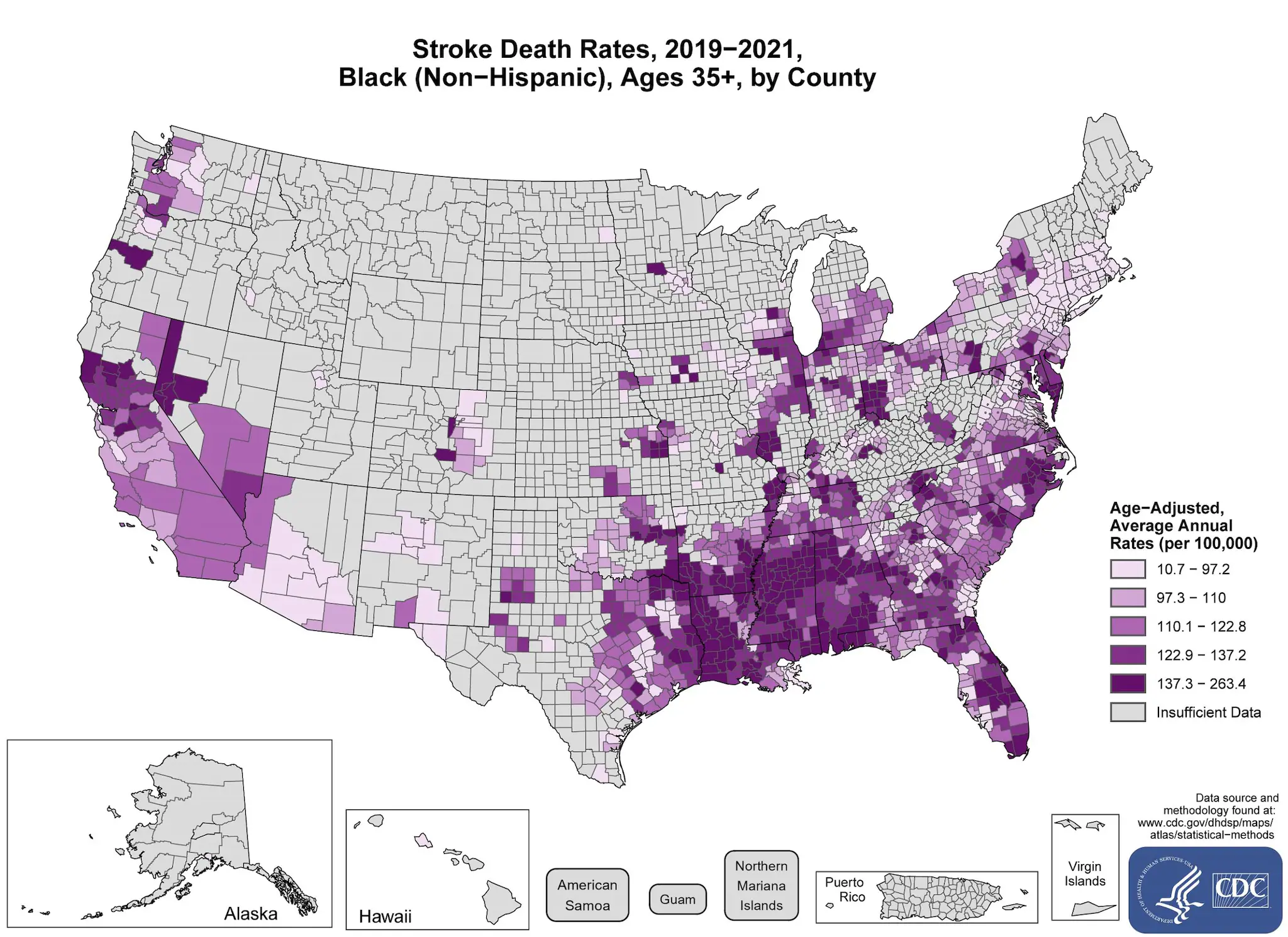 stroke_blacks The map shows that concentrations of counties with the highest stroke death rates - meaning the top quintile - are located primarily in parts of Louisiana, Mississippi, Alabama, Arkansas, Delaware, and Florida. Pockets of high-rate counties are also found in South Carolina, Georgia, North Carolina, Tennessee, Pennsylvania, Missouri, Kansas, Colorado, Nevada, Illinois, Indiana, Ohio, Maryland, California, Oregon, and Oklahoma.