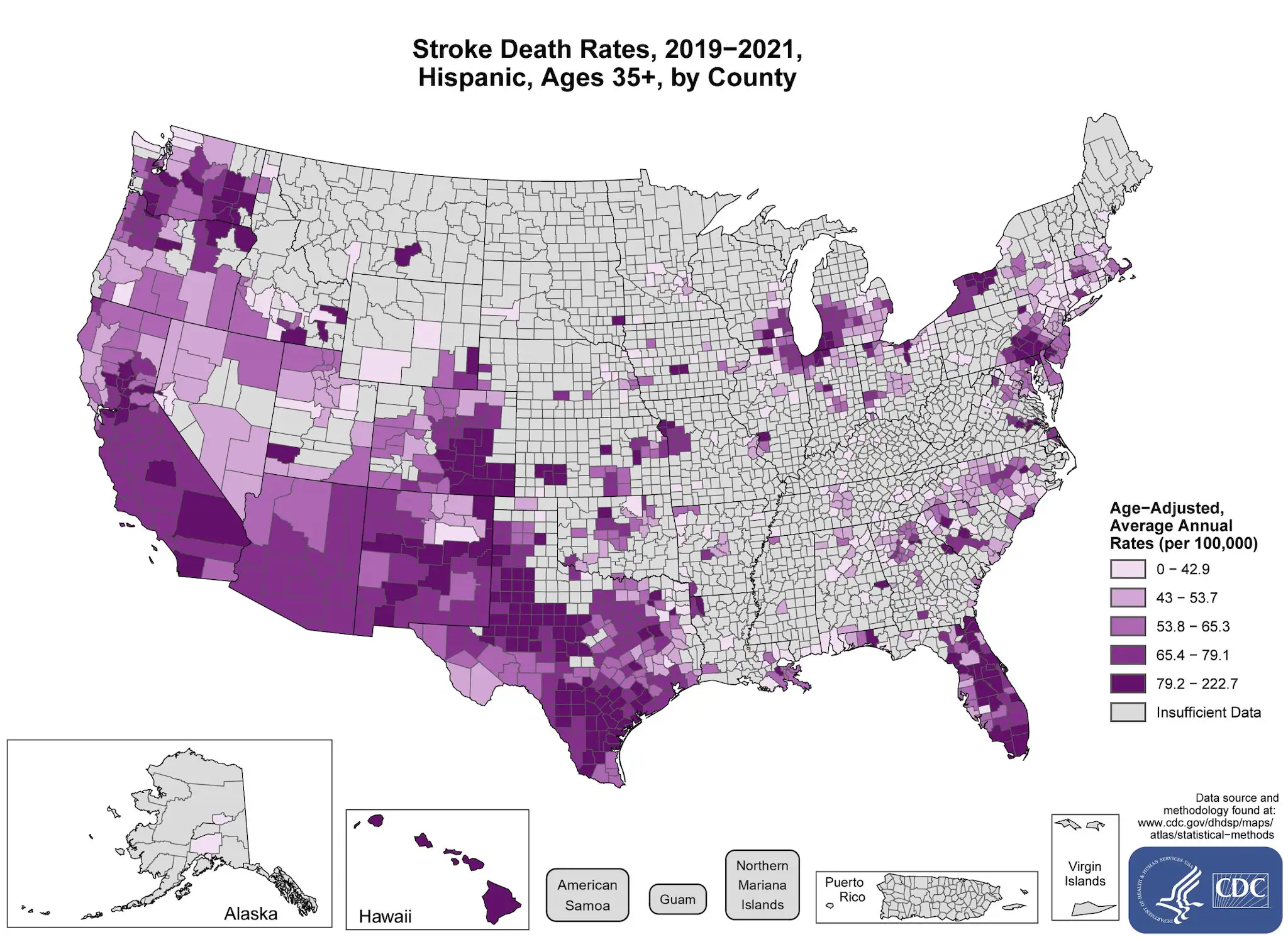 stroke_hispanics The map shows that concentrations of counties with the highest stroke death rates - meaning the top quintile - are located primarily in Hawaii, Texas, Washington, Colorado, New Mexico, Florida and California. Pockets of high-rate counties are also found in New York, Pennsylvania, New Mexico, Oregon, Utah, Idaho, Iowa, Indiana, Minnesota, and Michigan.
