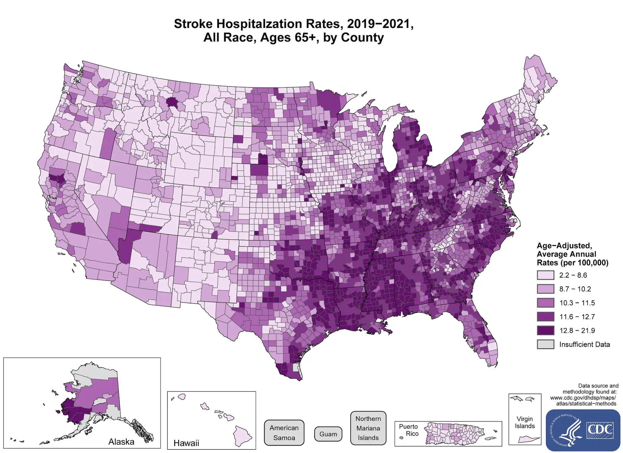 stroke_hospitalization_all The US map shows stroke hospitalization rates for the years 2019-2021 for all races and ages 65 and older by county.