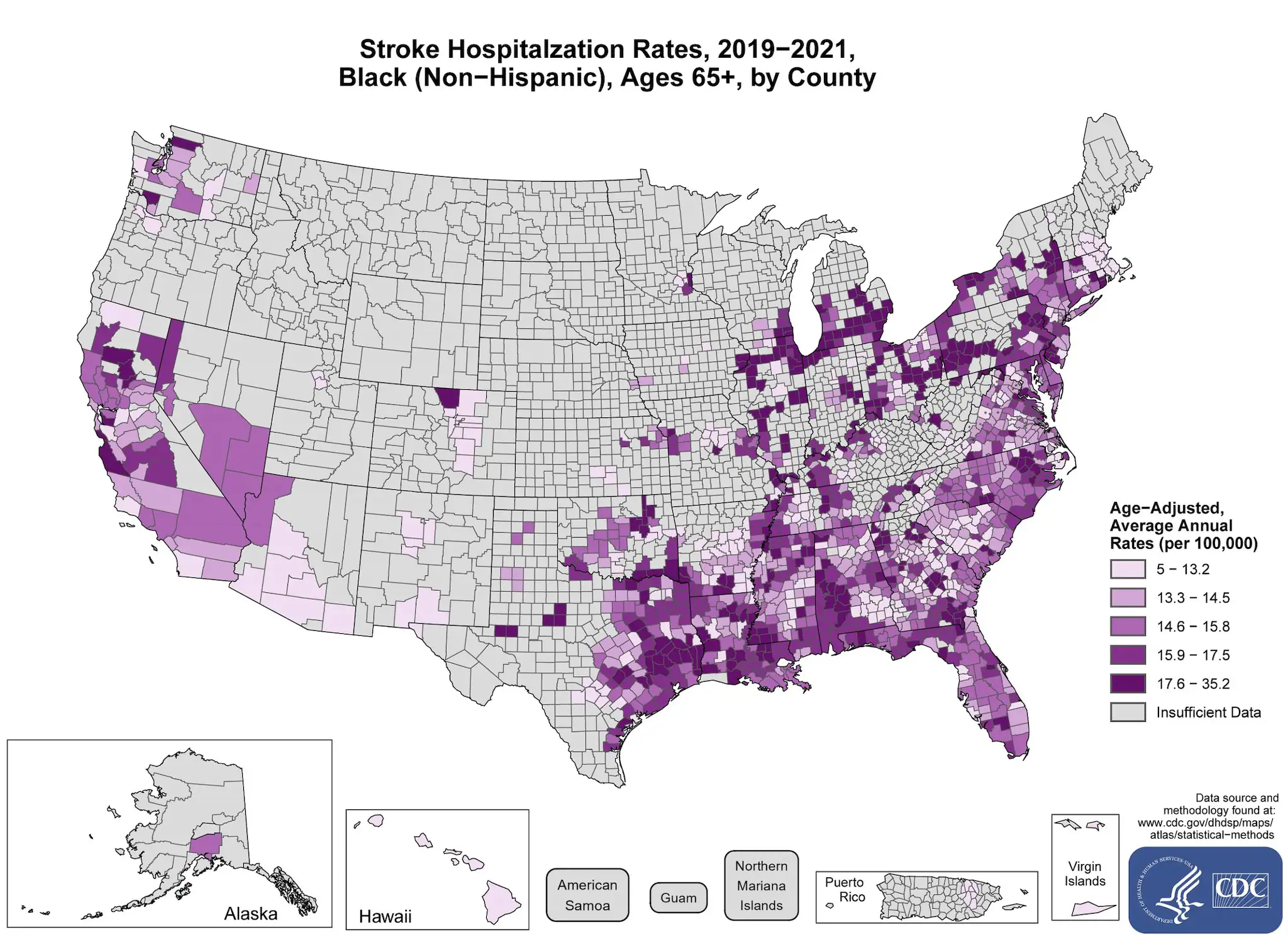 stroke_hospitalization_blacks The maps shows stroke hospitalization rates for Black adults for the years 2019-2021 ages 65 and older by county in the US.