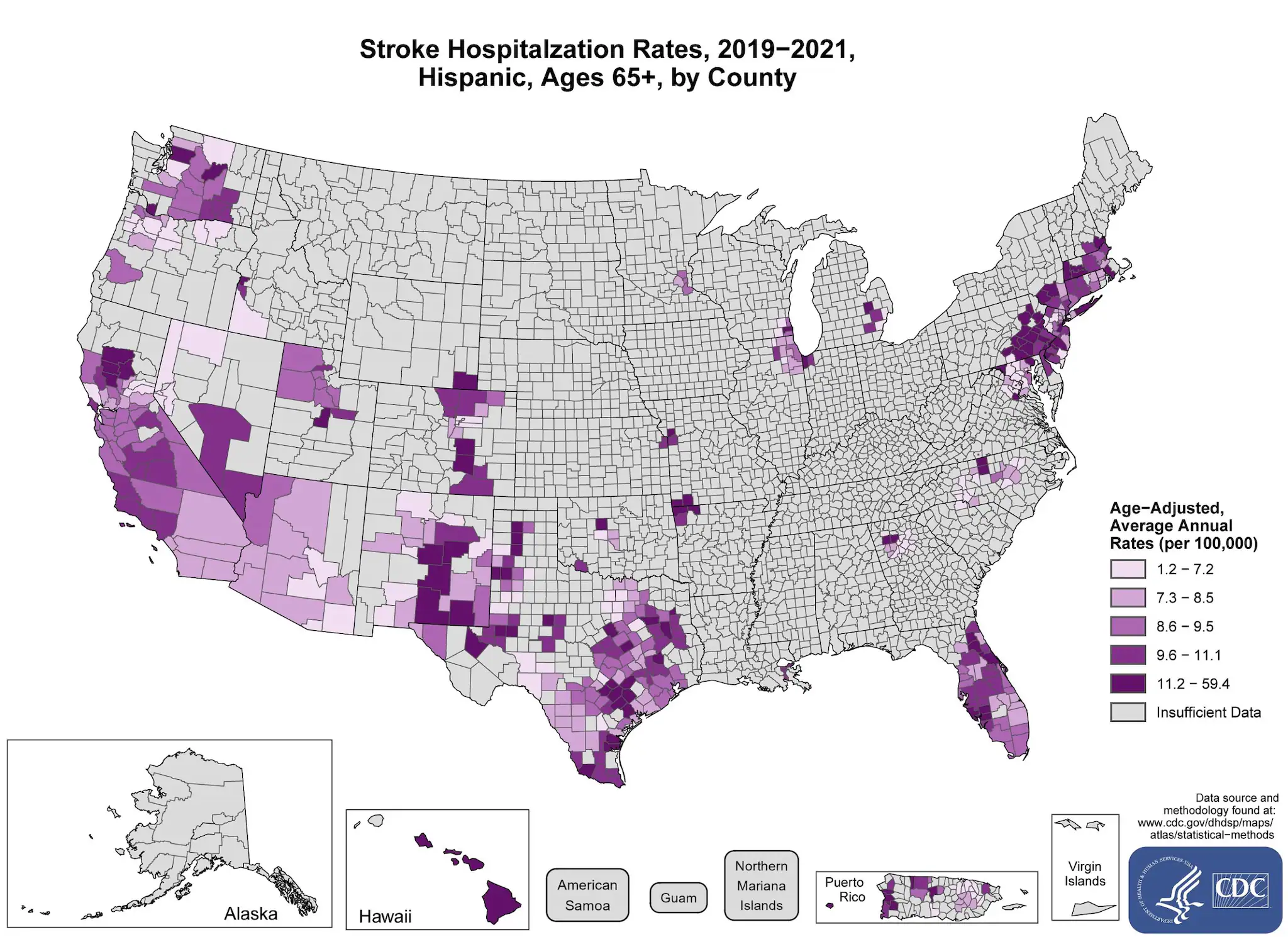 stroke_hospitalization_hispanics The maps shows stroke hospitalization rates for Hispanic adults for the years 2019-2021 ages 65 and older by county in the US.