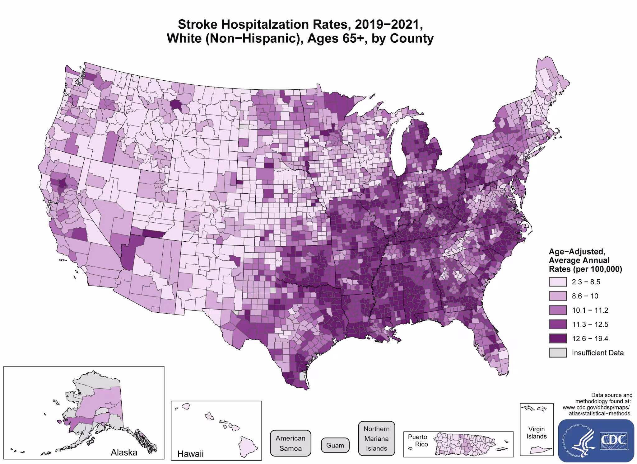 stroke_hospitalization_whites The maps shows stroke hospitalization rates for White adults for the years 2019-2021 ages 65 and older by county in the US.