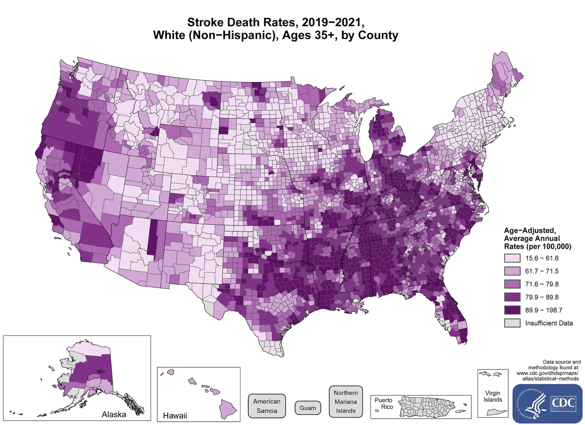 stroke_whites The map shows that concentrations of counties with the highest stroke death rates - meaning the top quintile - are located primarily in the Southeast, with heavy concentrations of high-rate counties in Arkansas, Missouri, Alabama, Mississippi, Louisiana, Tennessee, Michigan, Kentucky, Florida, Georgia, and Texas. Pockets of high-rate counties also are found in West Virginia, Oklahoma, Illinois, Indiana, Kansas, California, Oregon, Maryland, Delaware, North Carolina, South Carolina, Ohio, North Dakota, and Montana.